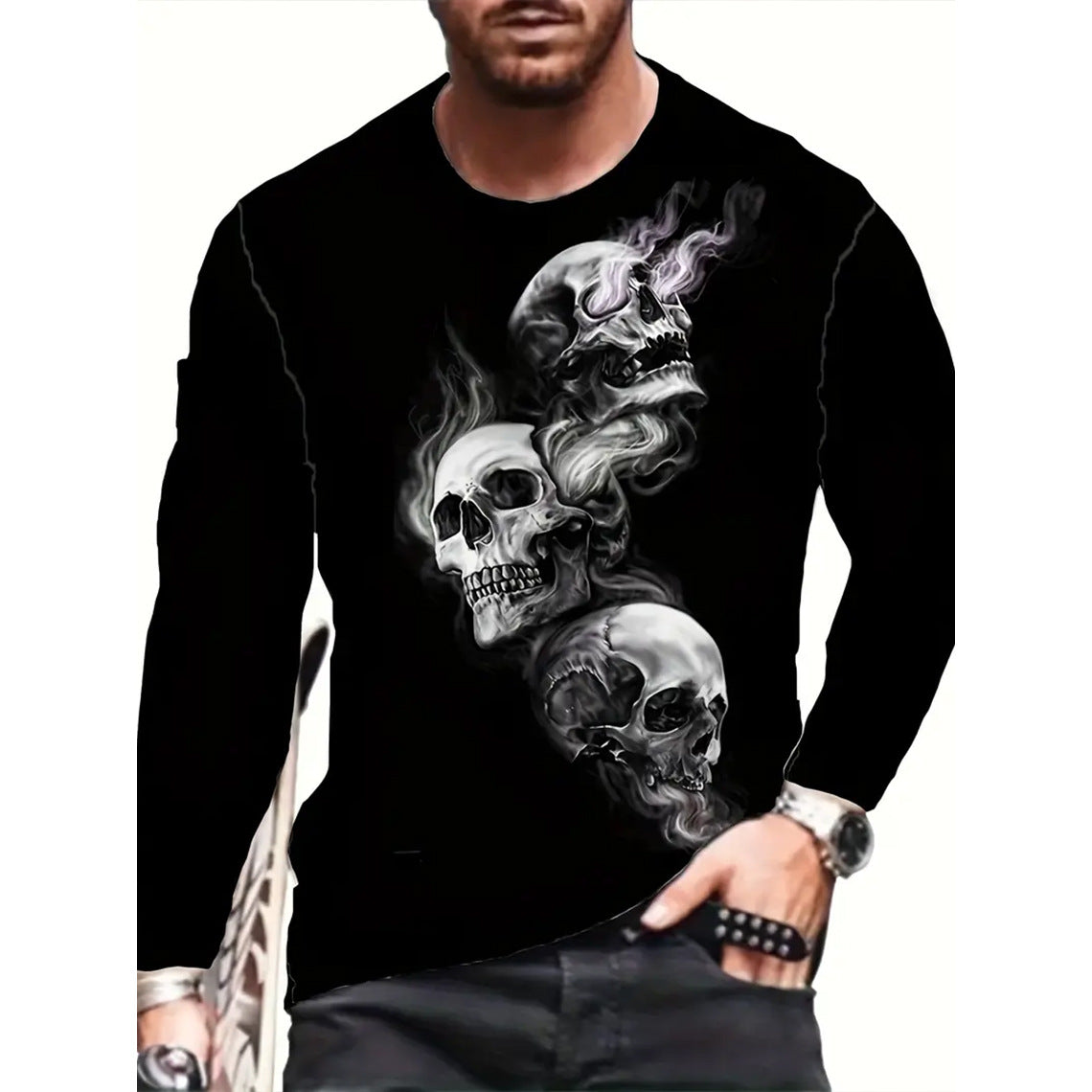 Camiseta retro para hombre con estampado 3D de hip-hop callejero, cuello redondo holgado, informal, de manga larga