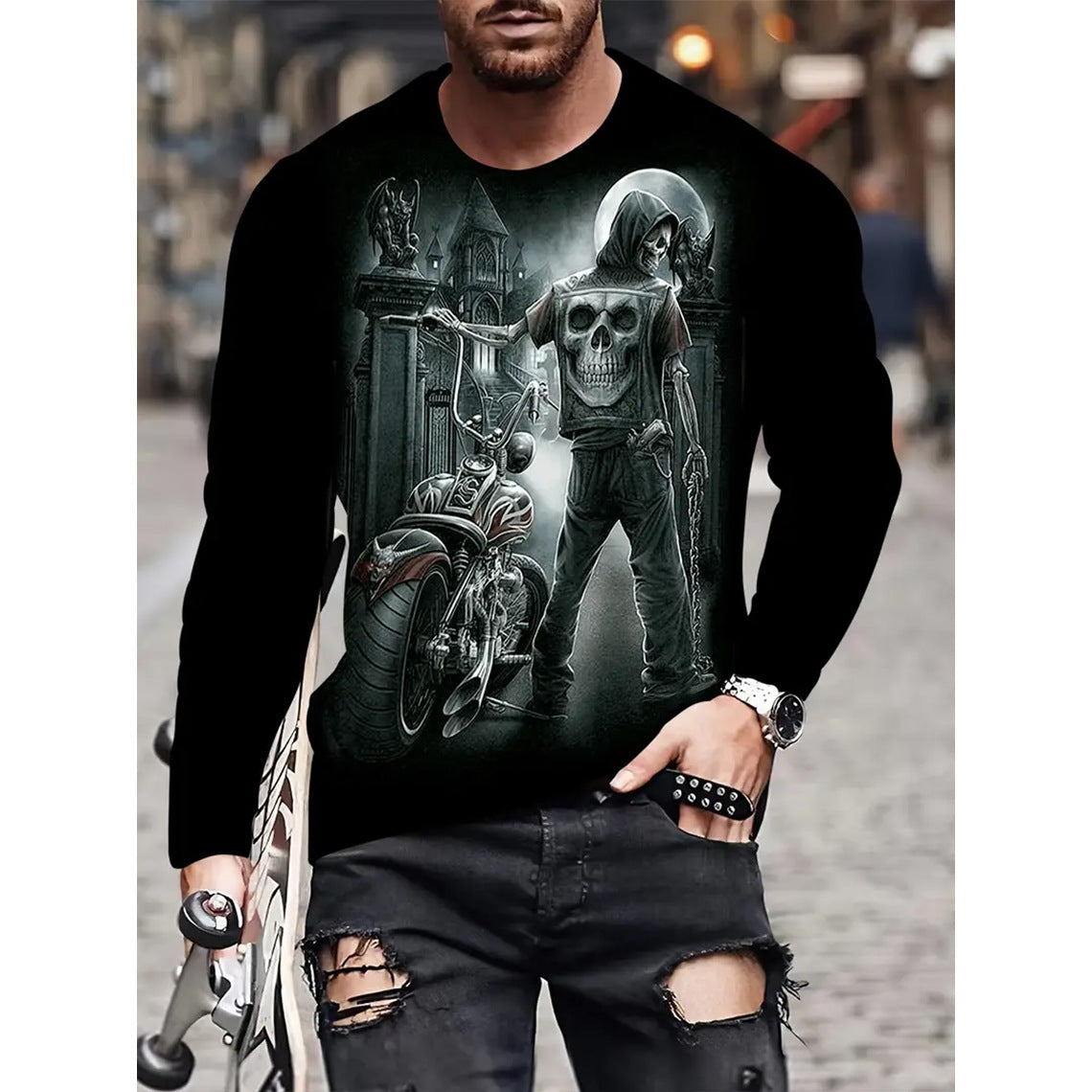 Camiseta retro para hombre con estampado 3D de hip-hop callejero, cuello redondo holgado, informal, de manga larga