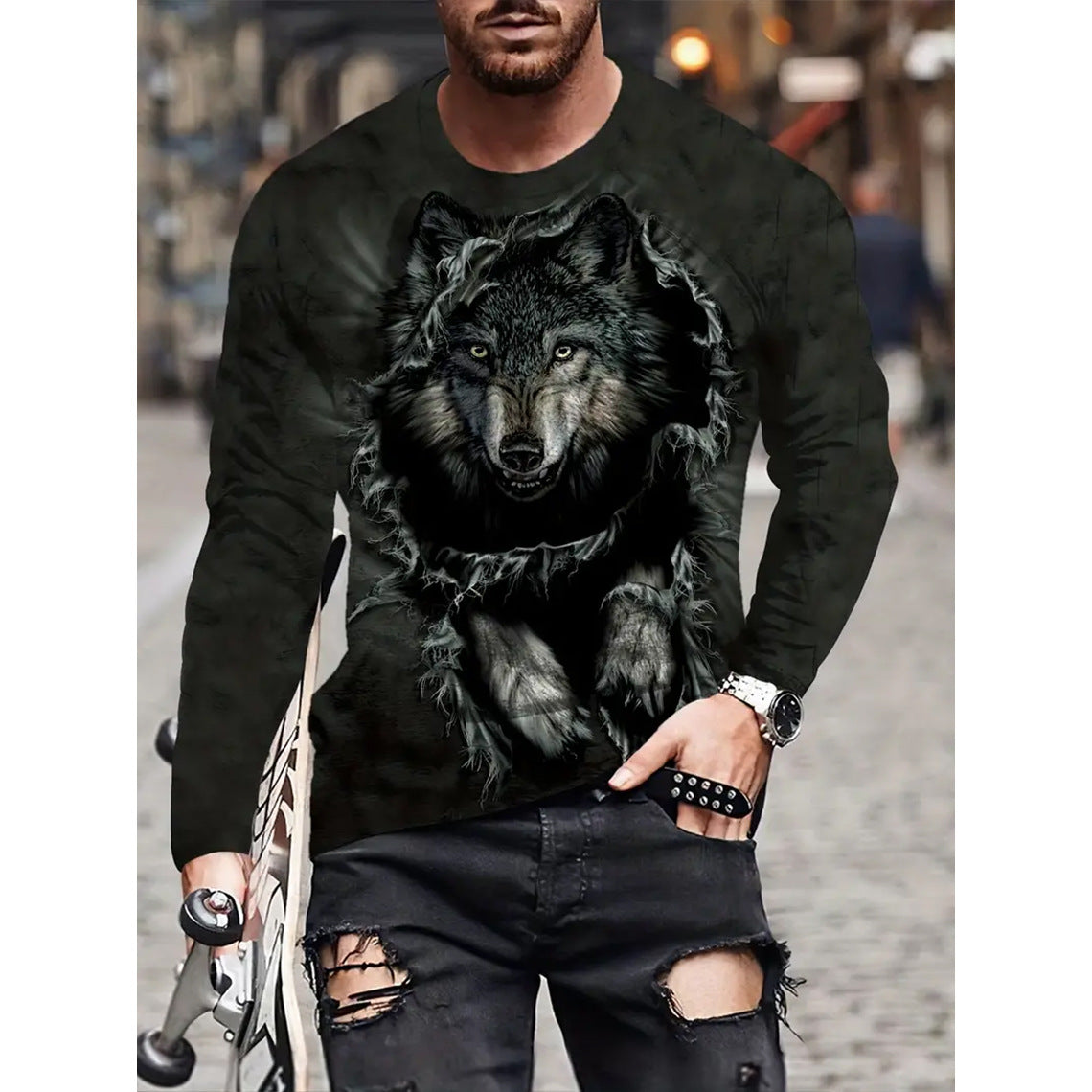 Camiseta retro para hombre con estampado 3D de hip-hop callejero, cuello redondo holgado, informal, de manga larga
