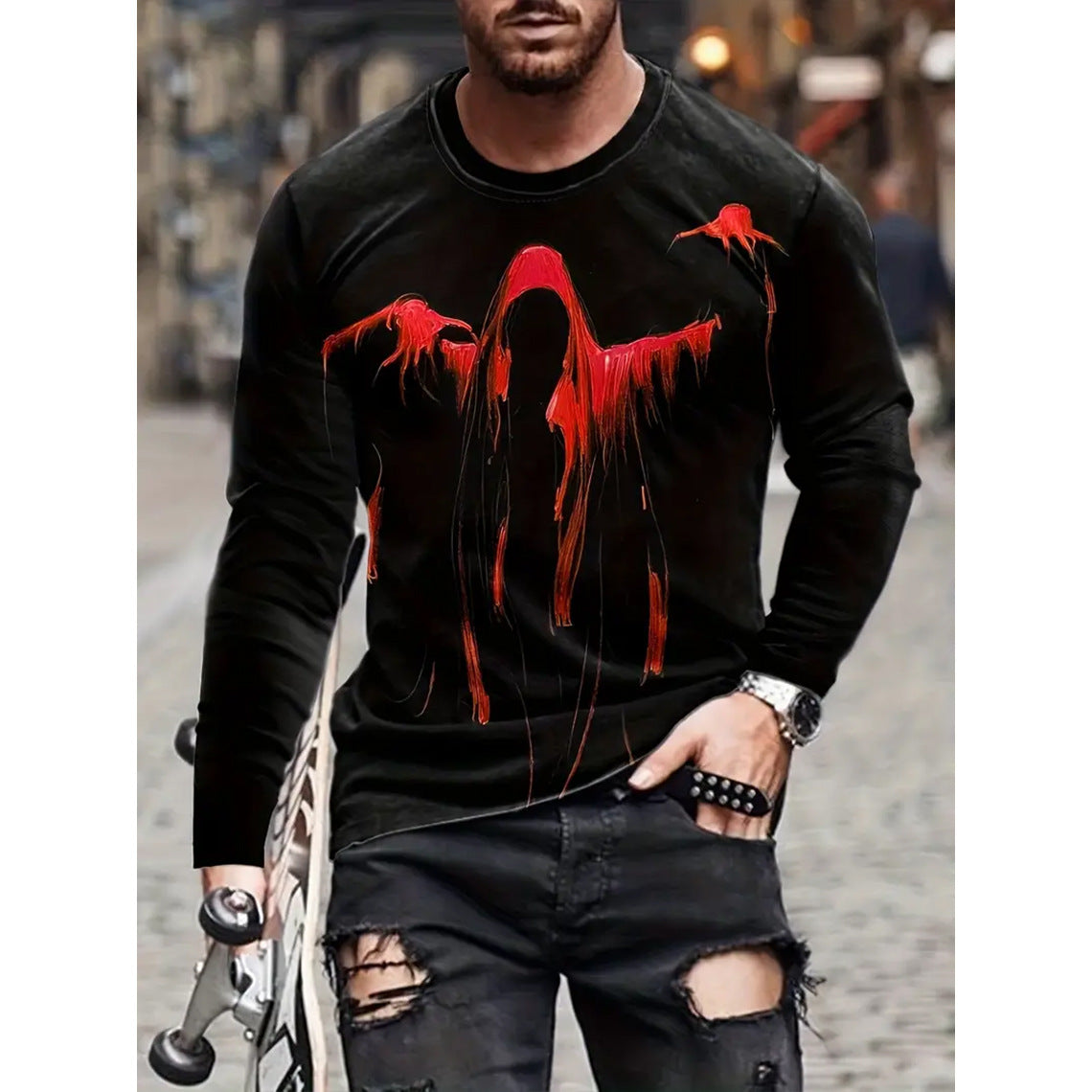 Camiseta retro para hombre con estampado 3D de hip-hop callejero, cuello redondo holgado, informal, de manga larga