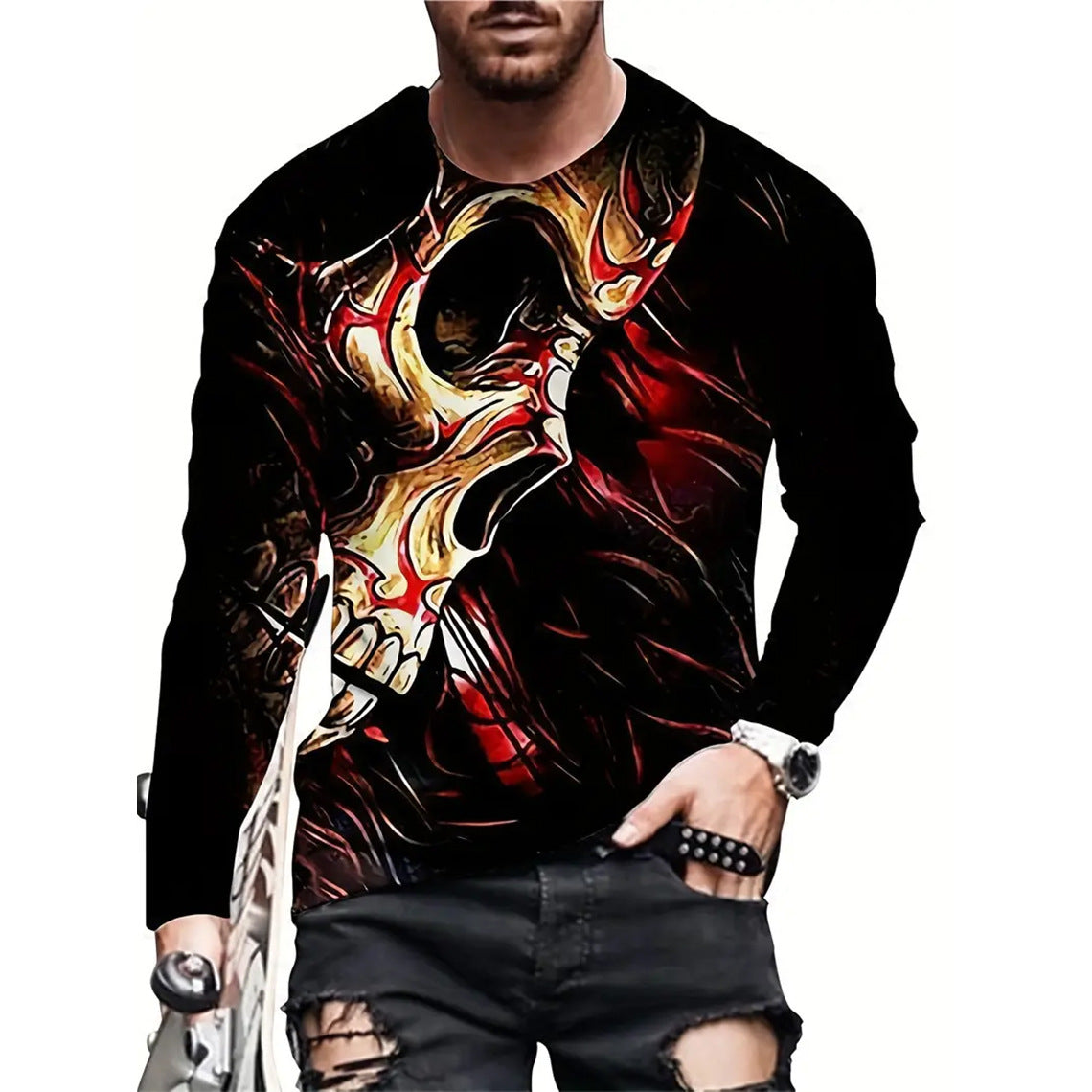 Camiseta retro para hombre con estampado 3D de hip-hop callejero, cuello redondo holgado, informal, de manga larga
