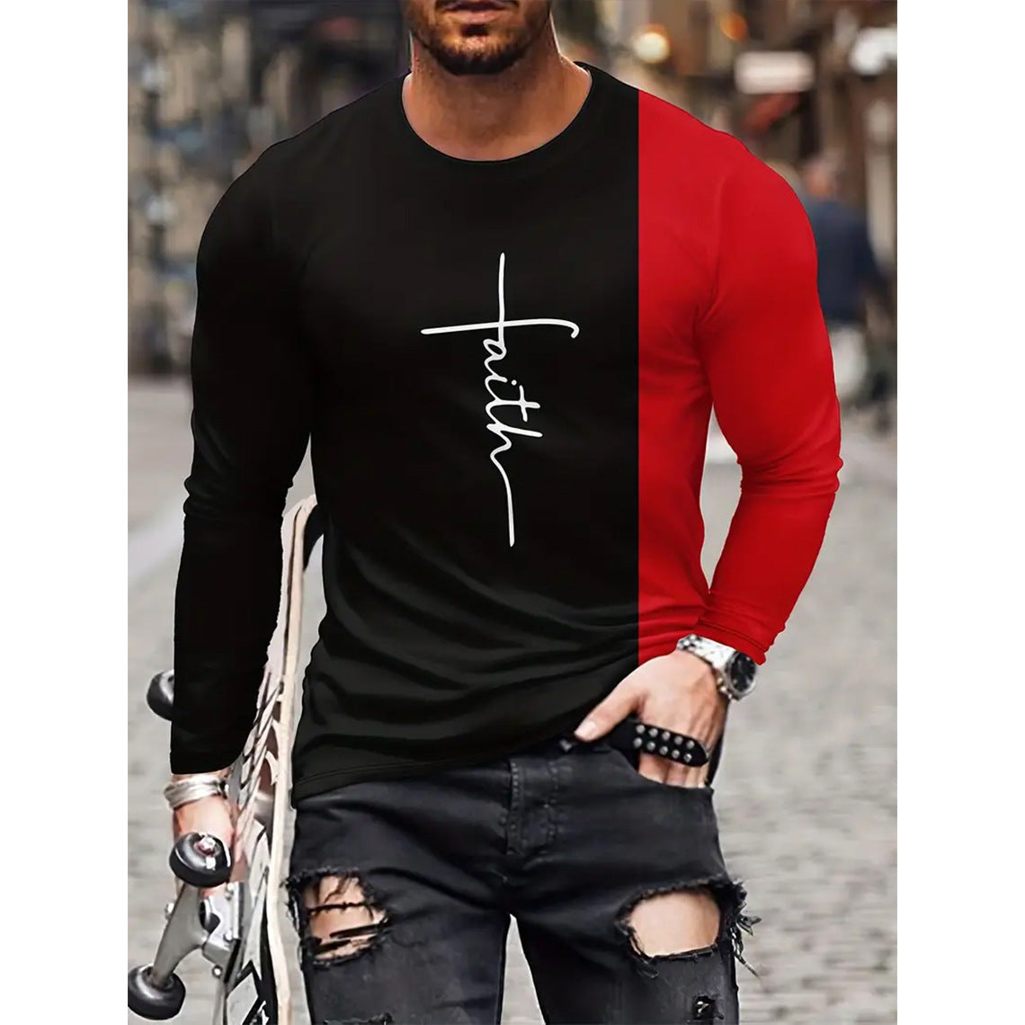 Camiseta retro para hombre con estampado 3D de hip-hop callejero, cuello redondo holgado, informal, de manga larga