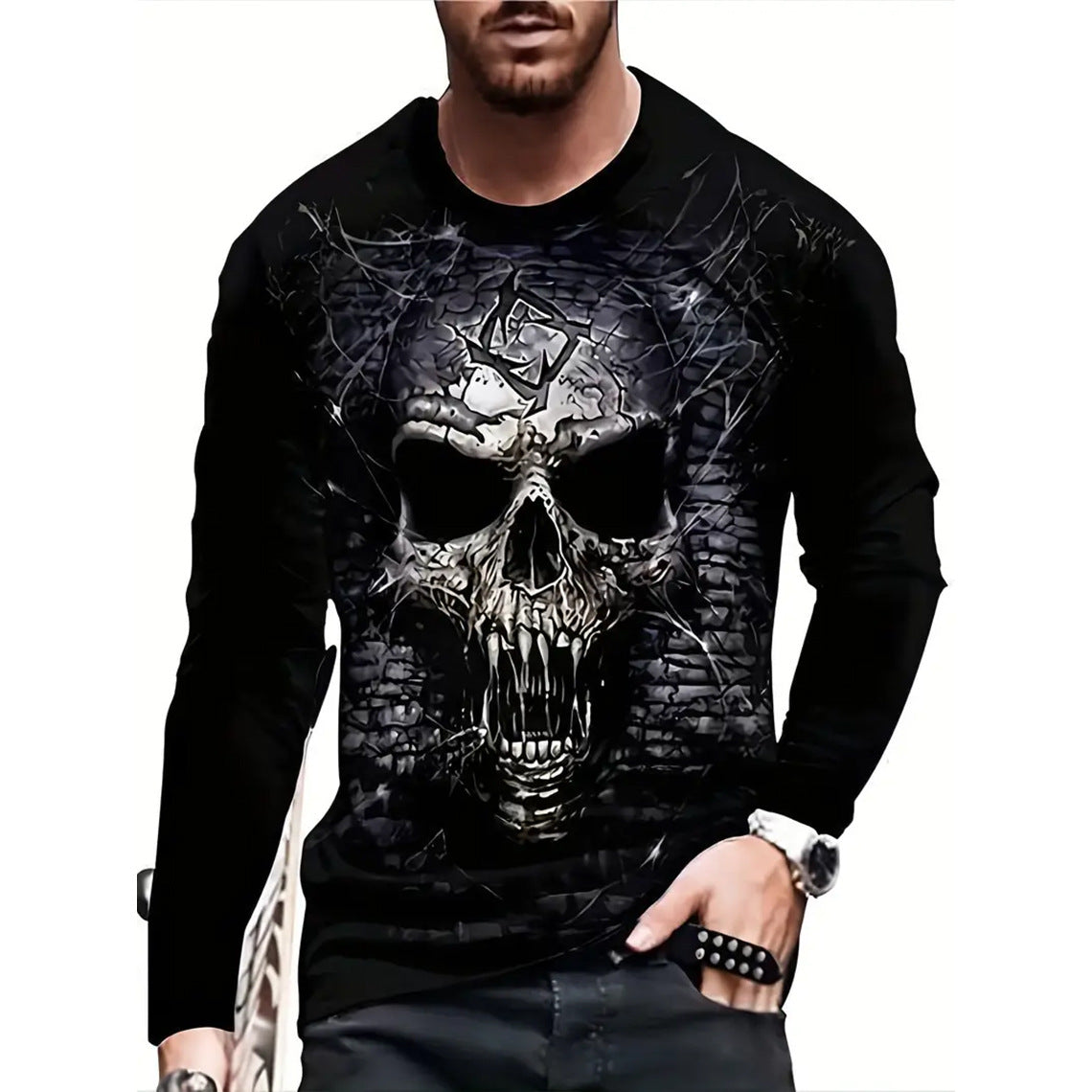 Camiseta retro para hombre con estampado 3D de hip-hop callejero, cuello redondo holgado, informal, de manga larga