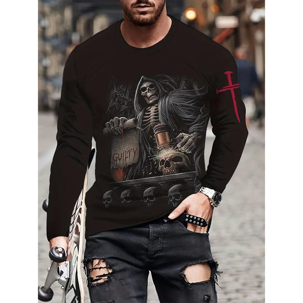 Camiseta retro para hombre con estampado 3D de hip-hop callejero, cuello redondo holgado, informal, de manga larga