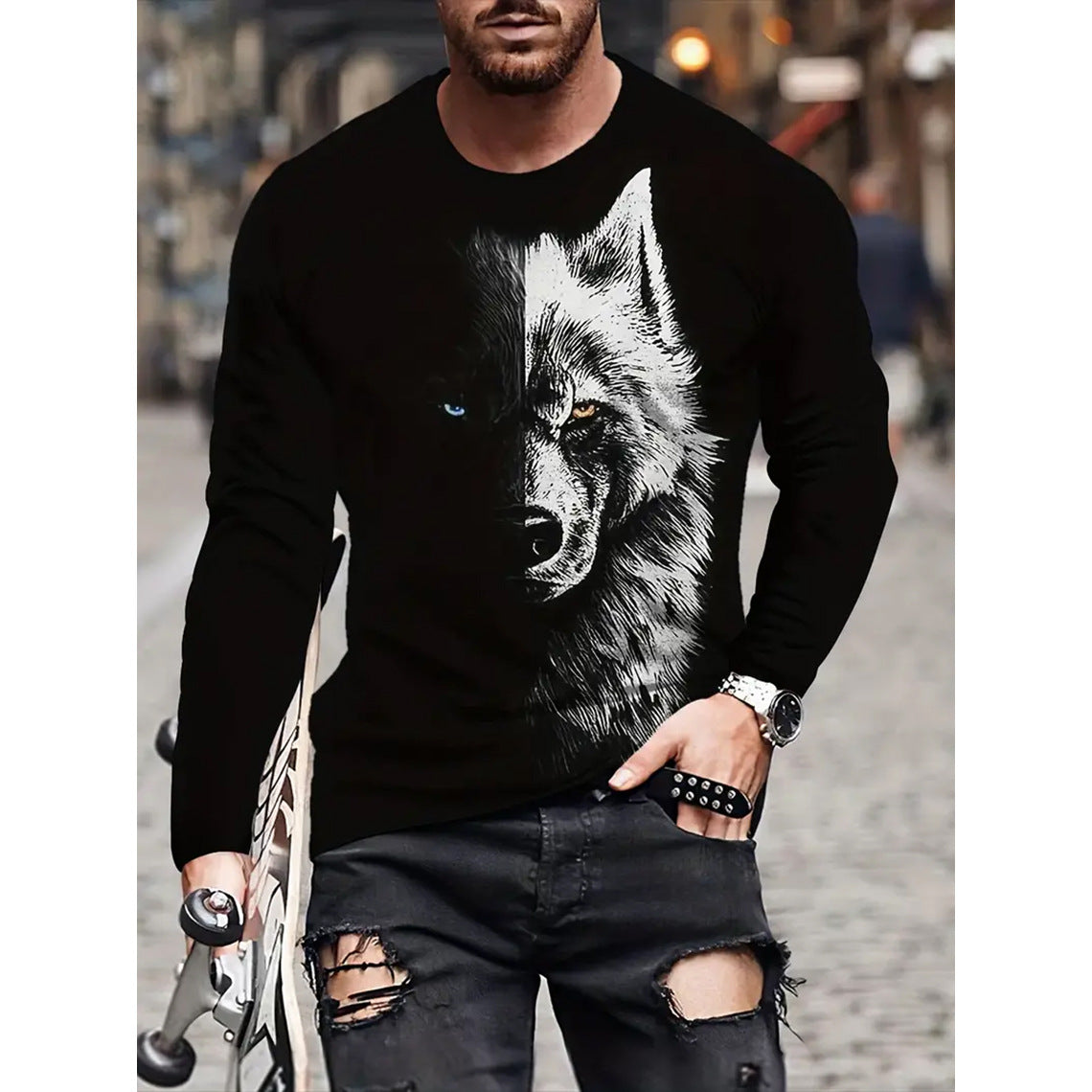 Camiseta retro para hombre con estampado 3D de hip-hop callejero, cuello redondo holgado, informal, de manga larga