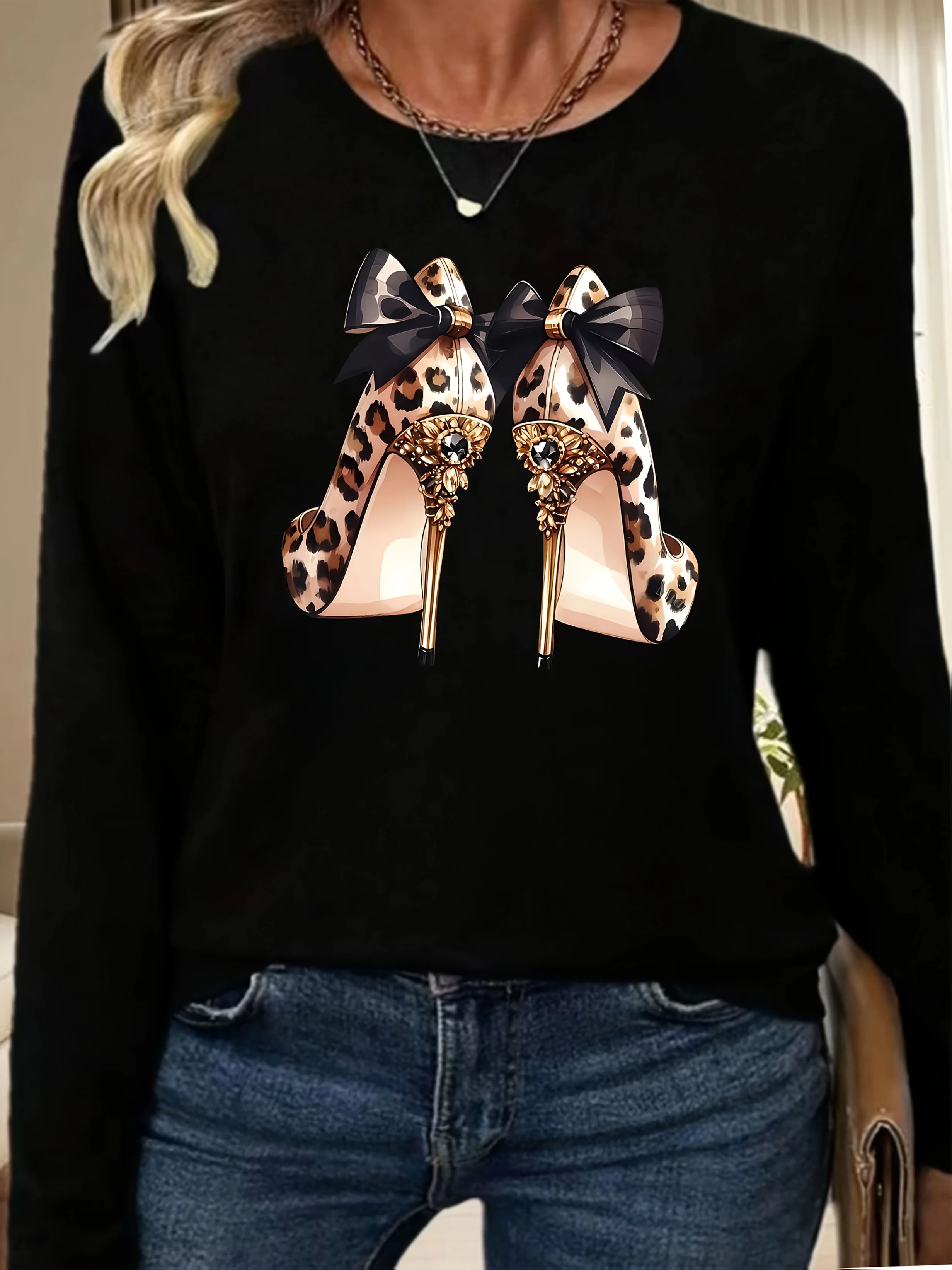 Camiseta informal holgada con estampado de mariposas y cuello redondo para mujer, 100 % algodón, a la moda, para primavera y otoño Long Sleeve T-shirt Base Shirt