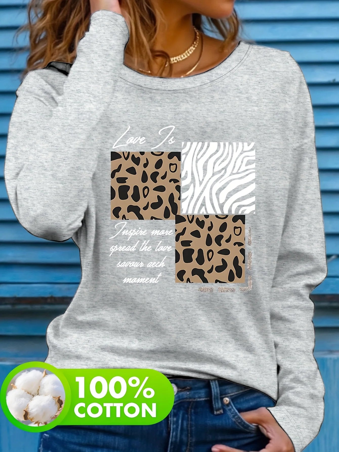 Camiseta informal holgada con estampado de mariposas y cuello redondo para mujer, 100 % algodón, a la moda, para primavera y otoño Long Sleeve T-shirt Base Shirt