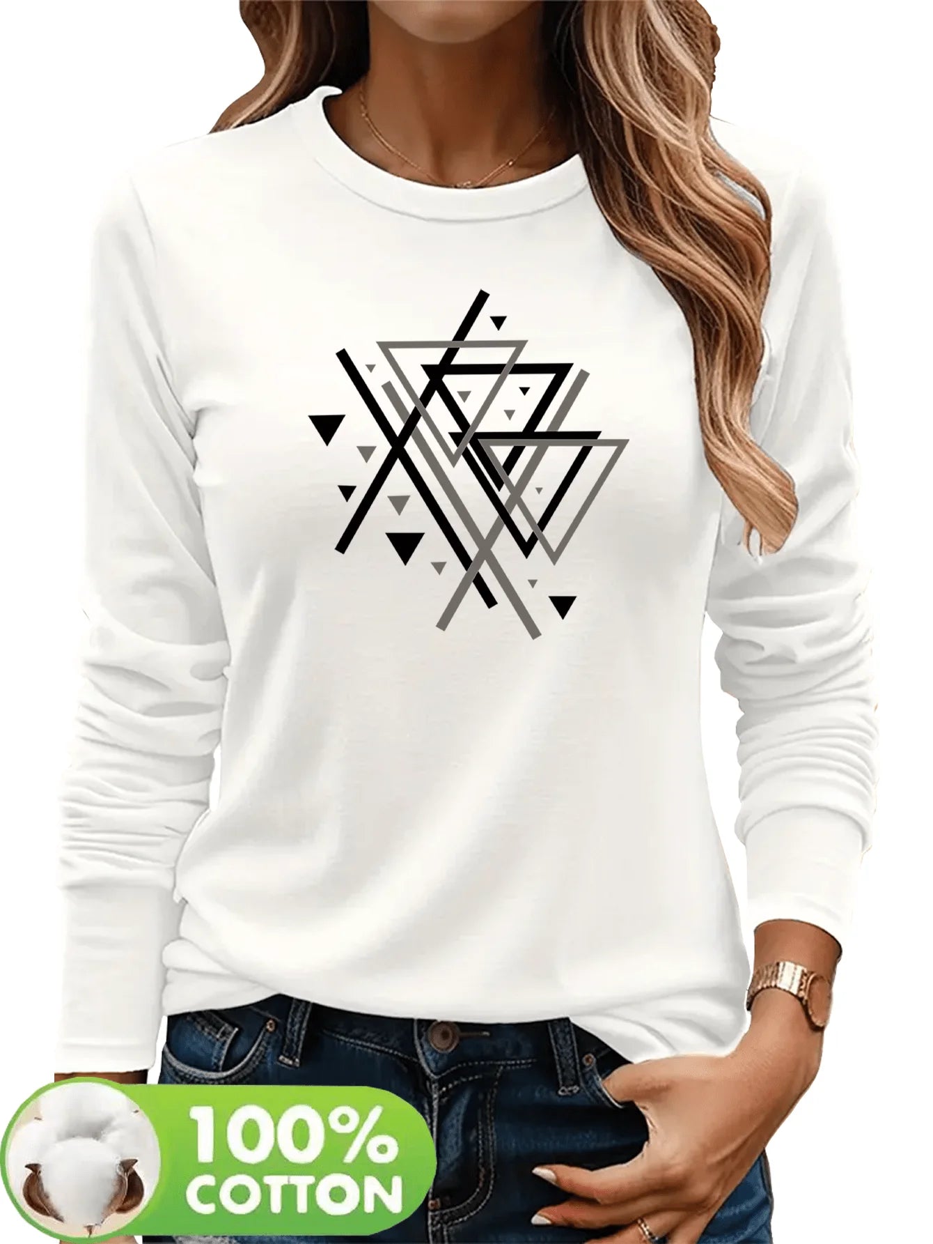 Camiseta informal holgada con estampado de mariposas y cuello redondo para mujer, 100 % algodón, a la moda, para primavera y otoño Long Sleeve T-shirt Base Shirt