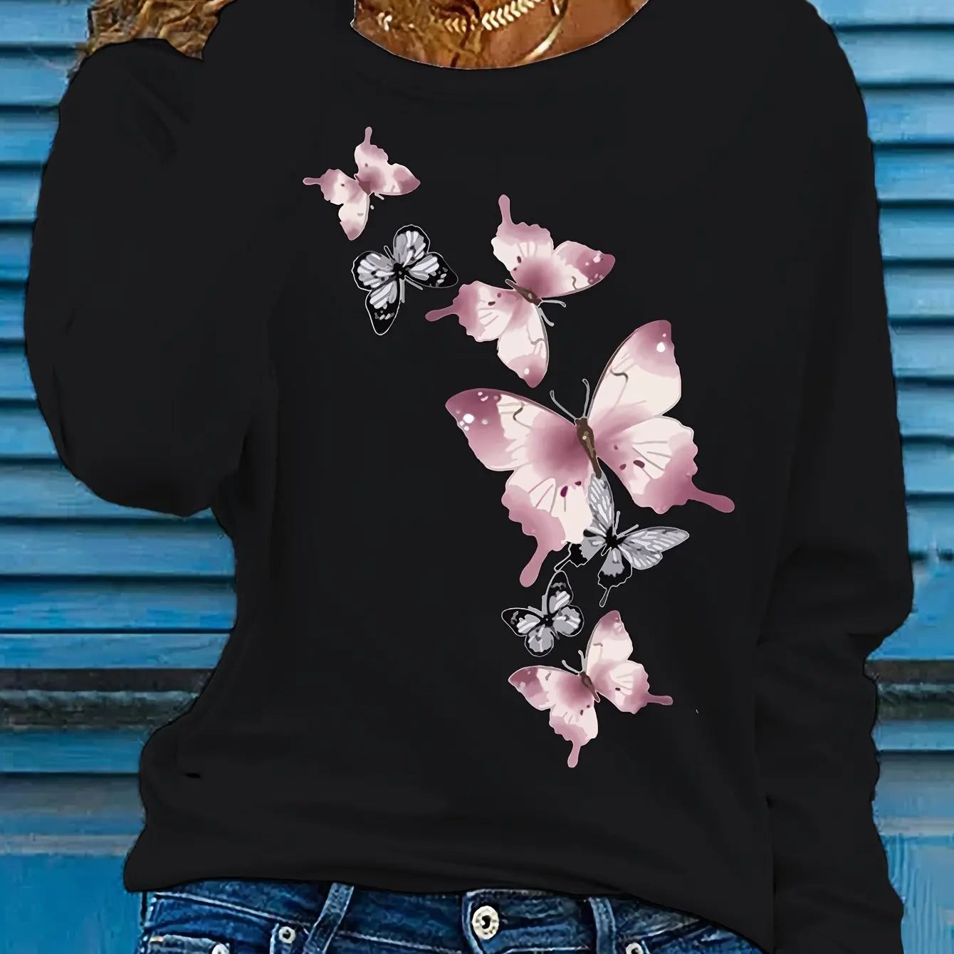 Camiseta informal holgada con estampado de mariposas y cuello redondo para mujer, 100 % algodón, a la moda, para primavera y otoño Long Sleeve T-shirt Base Shirt