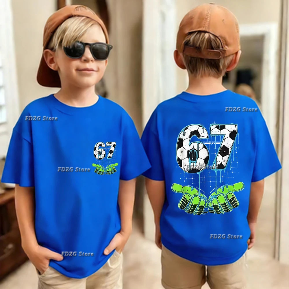Camiseta de algodón para niños, de verano, con estampado de números 67, seis y siete, de manga corta, cómoda y moderna.