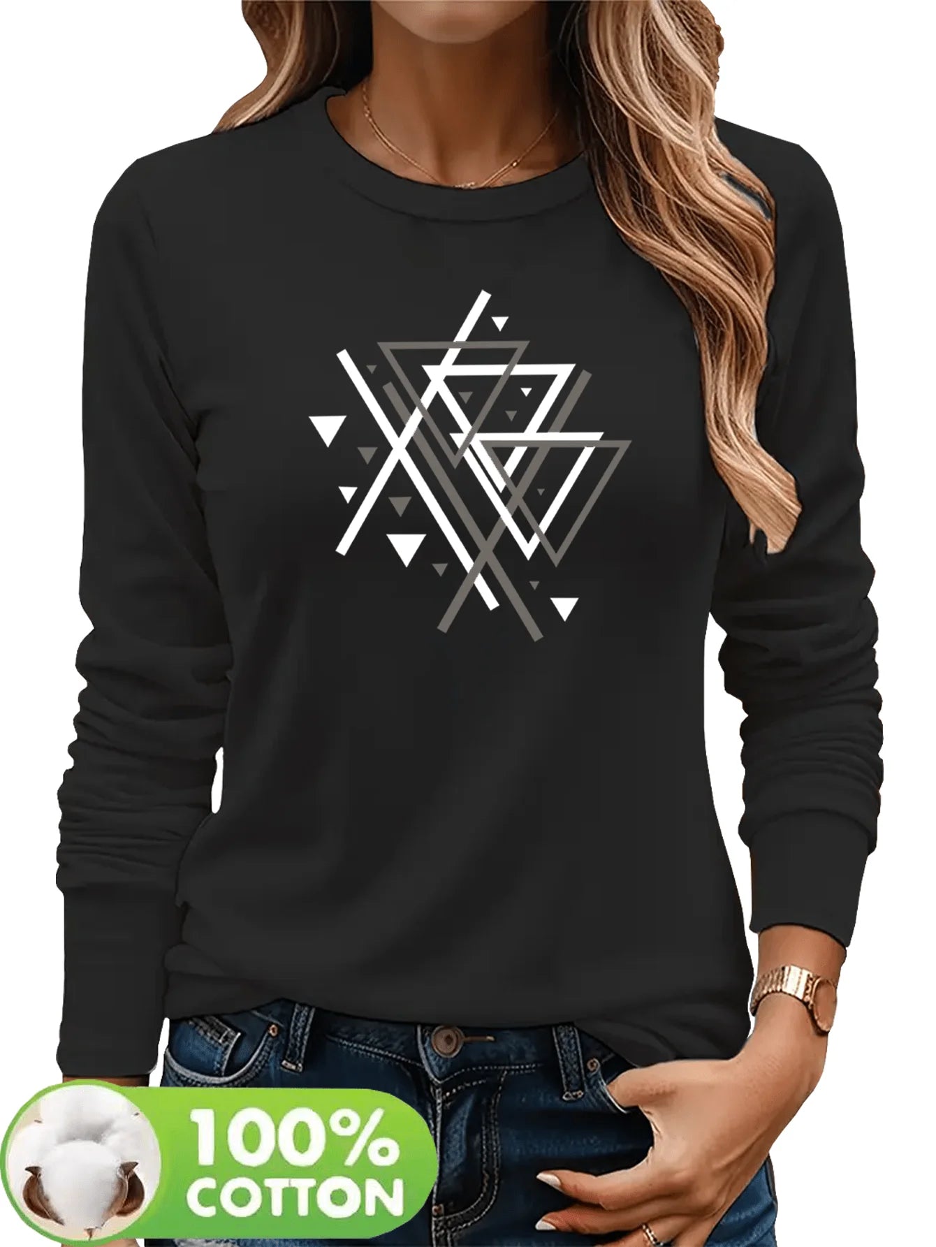 Camiseta informal holgada con estampado de mariposas y cuello redondo para mujer, 100 % algodón, a la moda, para primavera y otoño Long Sleeve T-shirt Base Shirt