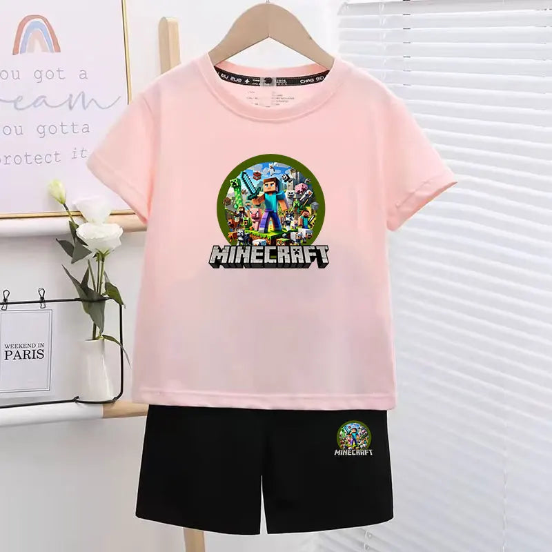 Conjunto de 2 camisetas y pantalones de colores para niños, con diseño de píxeles, ideal para el tiempo libre, ideal como regalo de cumpleaños.