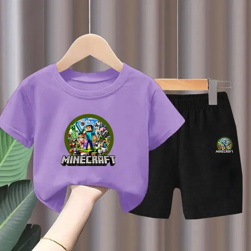 Conjunto de 2 camisetas y pantalones de colores para niños, con diseño de píxeles, ideal para el tiempo libre, ideal como regalo de cumpleaños.