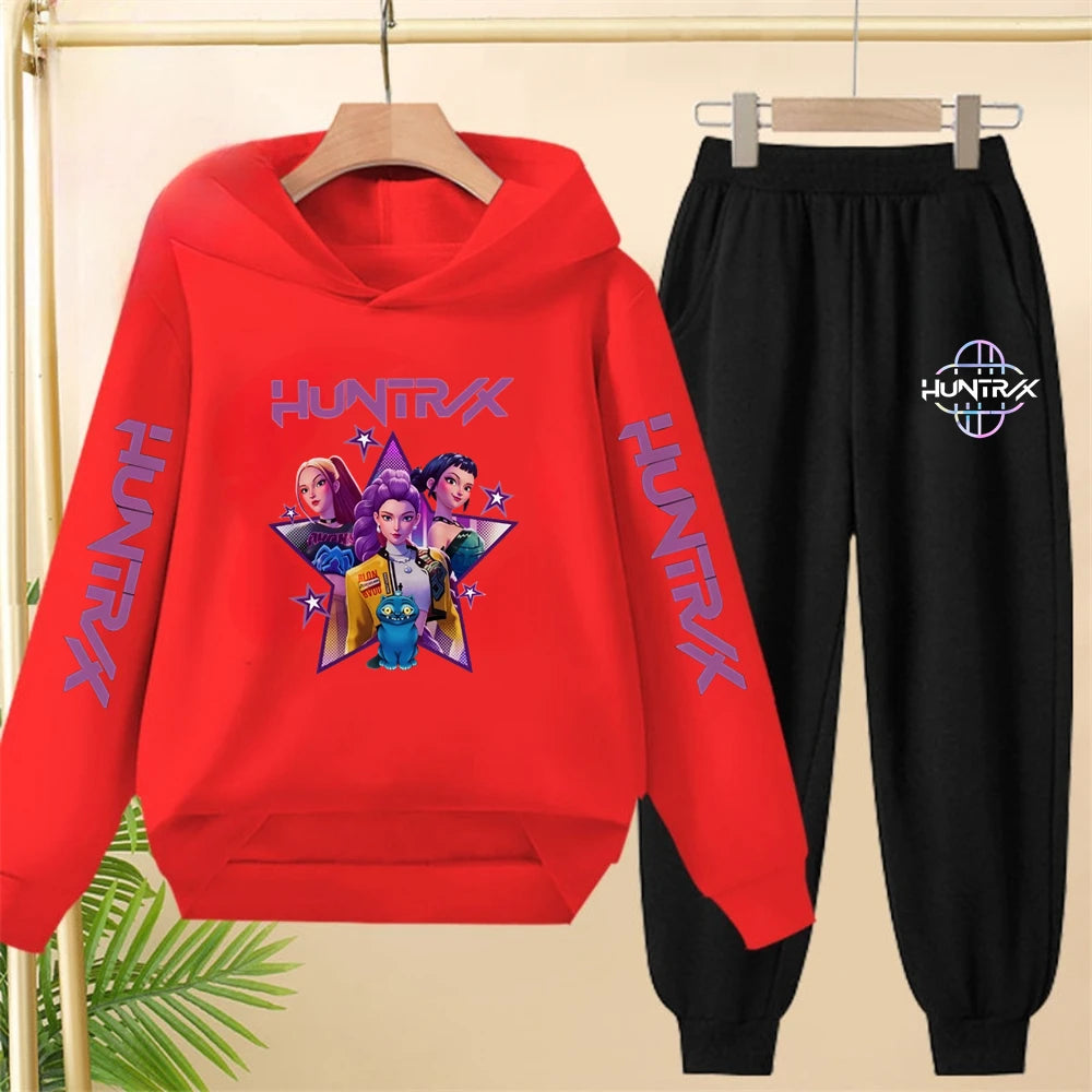 Sudadera con capucha negra para niña, abrigo, sudadera KPop Demon Hunters, conjunto deportivo de dos piezas con pantalón y elegante conjunto informal para niña pequeña.