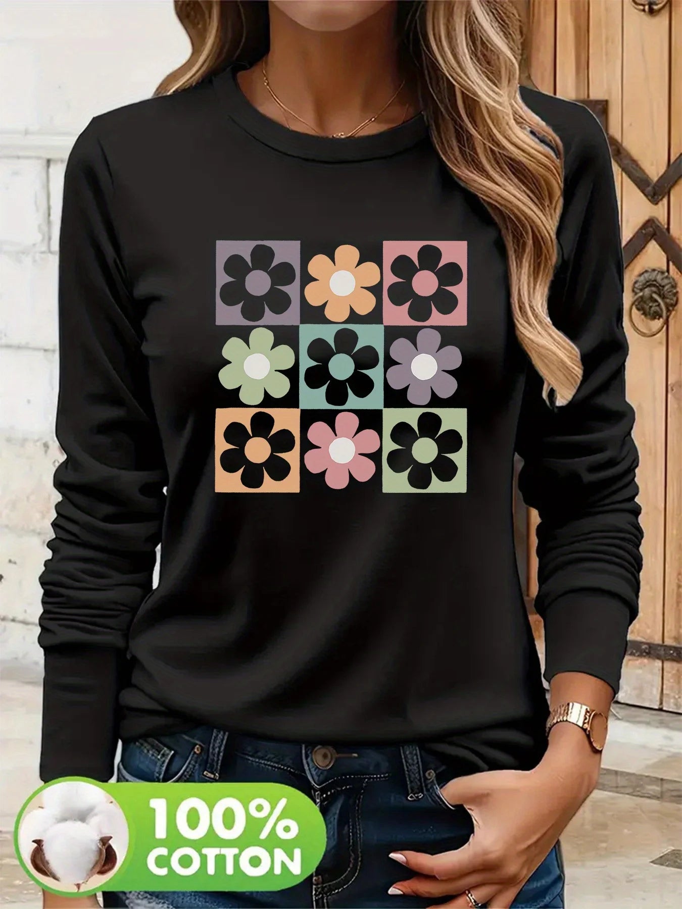 Camiseta informal holgada con estampado de mariposas y cuello redondo para mujer, 100 % algodón, a la moda, para primavera y otoño Long Sleeve T-shirt Base Shirt