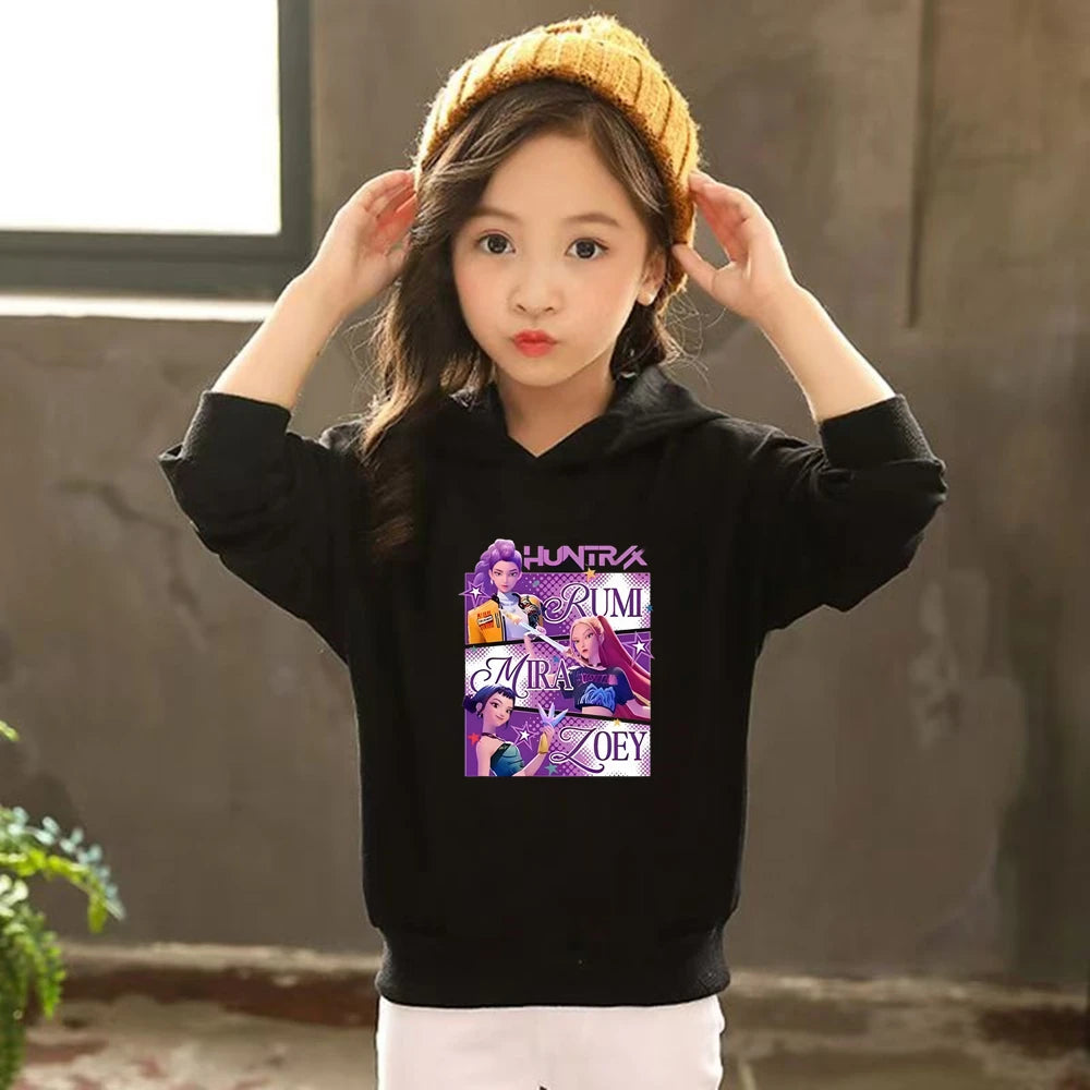 Sudadera con capucha negra para niña, abrigo, sudadera KPop Demon Hunters, conjunto deportivo de dos piezas con pantalón y elegante conjunto informal para niña pequeña.