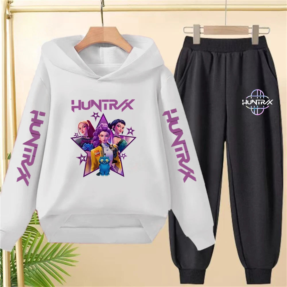 Sudadera con capucha negra para niña, abrigo, sudadera KPop Demon Hunters, conjunto deportivo de dos piezas con pantalón y elegante conjunto informal para niña pequeña.