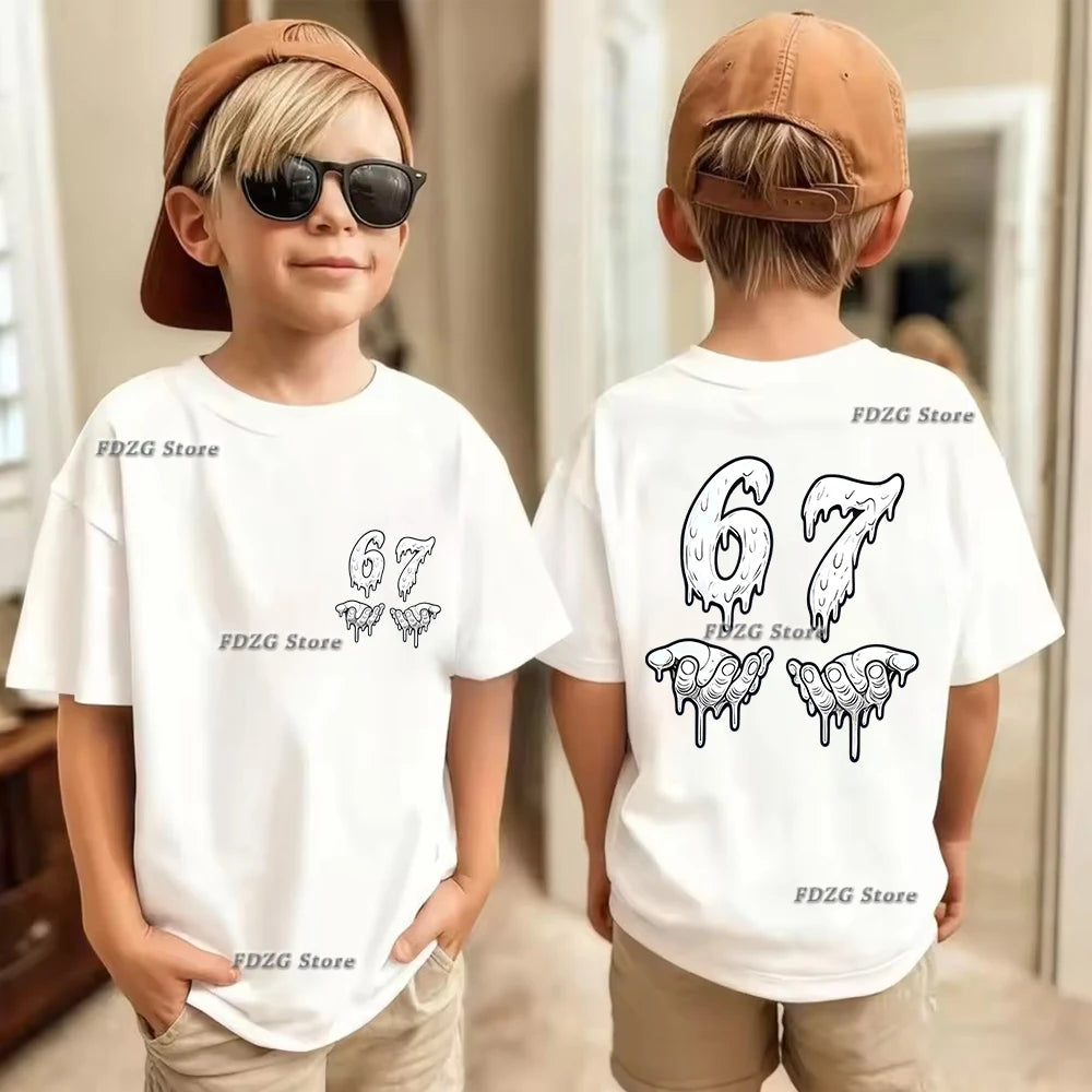 Camiseta de algodón para niños, de verano, con estampado de números 67, seis y siete, de manga corta, cómoda y moderna.