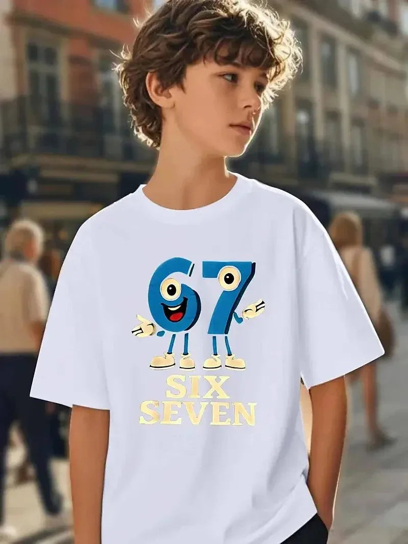 Bonita camiseta de meme para niños y niñas, divertida camiseta Y2K con estampado de seis y siete, cuello redondo y manga corta.