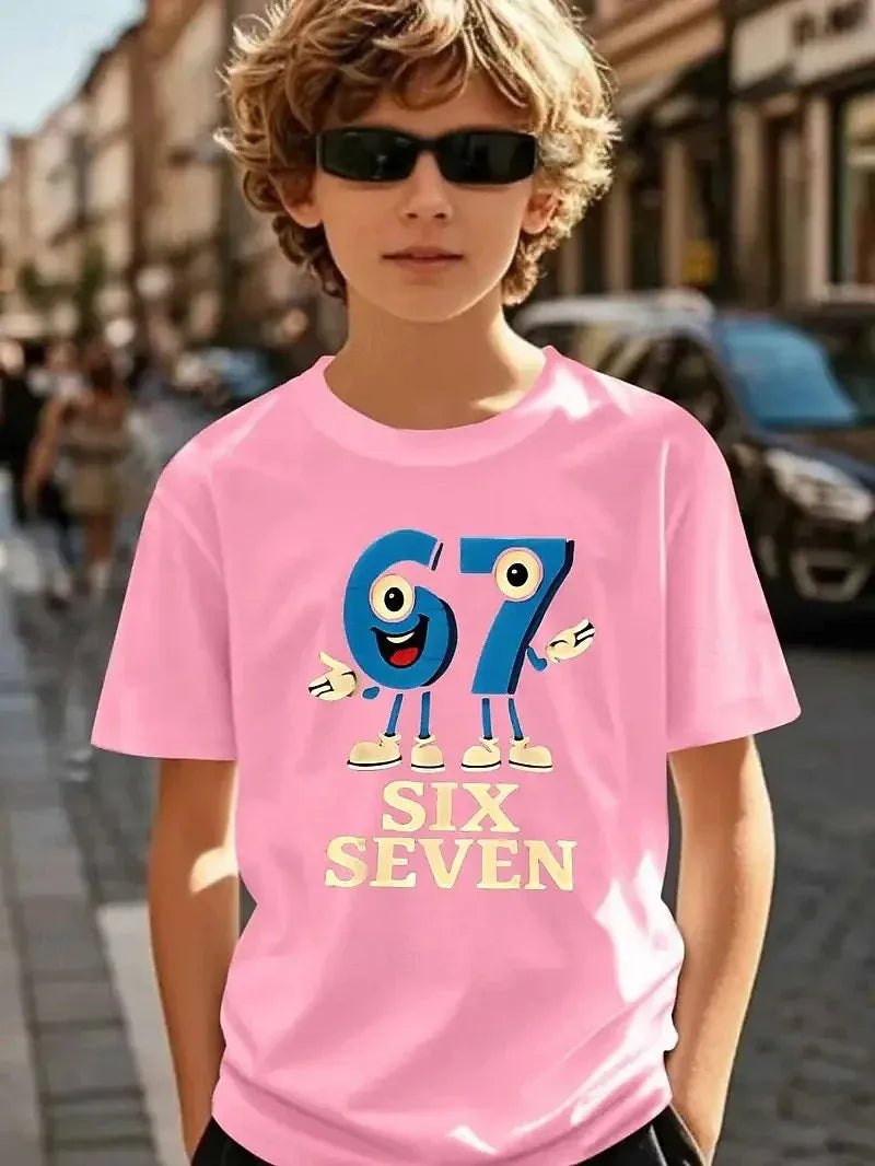 Bonita camiseta de meme para niños y niñas, divertida camiseta Y2K con estampado de seis y siete, cuello redondo y manga corta.