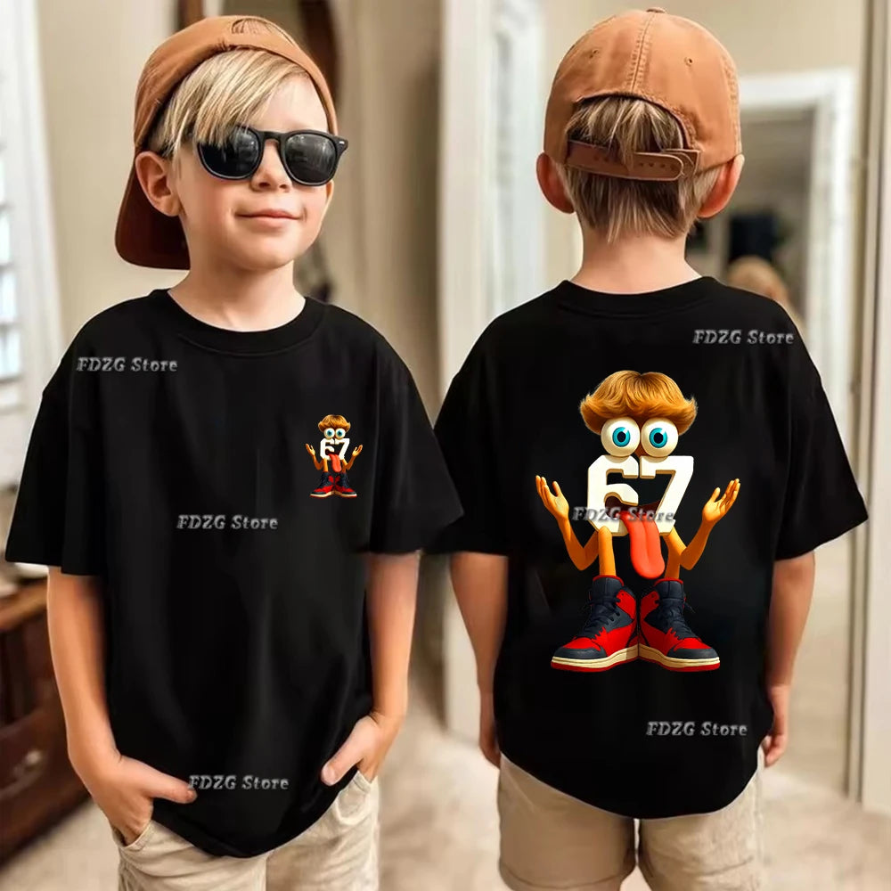 Camiseta de algodón para niños, de verano, con estampado de números 67, seis y siete, de manga corta, cómoda y moderna.