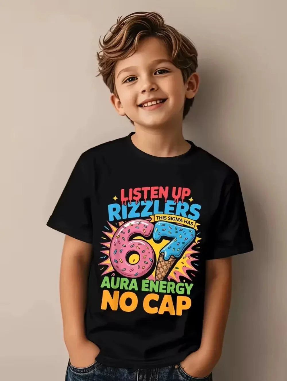 Bonita camiseta de meme para niños y niñas, divertida camiseta Y2K con estampado de seis y siete, cuello redondo y manga corta.