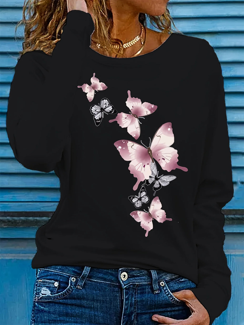 Camiseta informal holgada con estampado de mariposas y cuello redondo para mujer, 100 % algodón, a la moda, para primavera y otoño Long Sleeve T-shirt Base Shirt