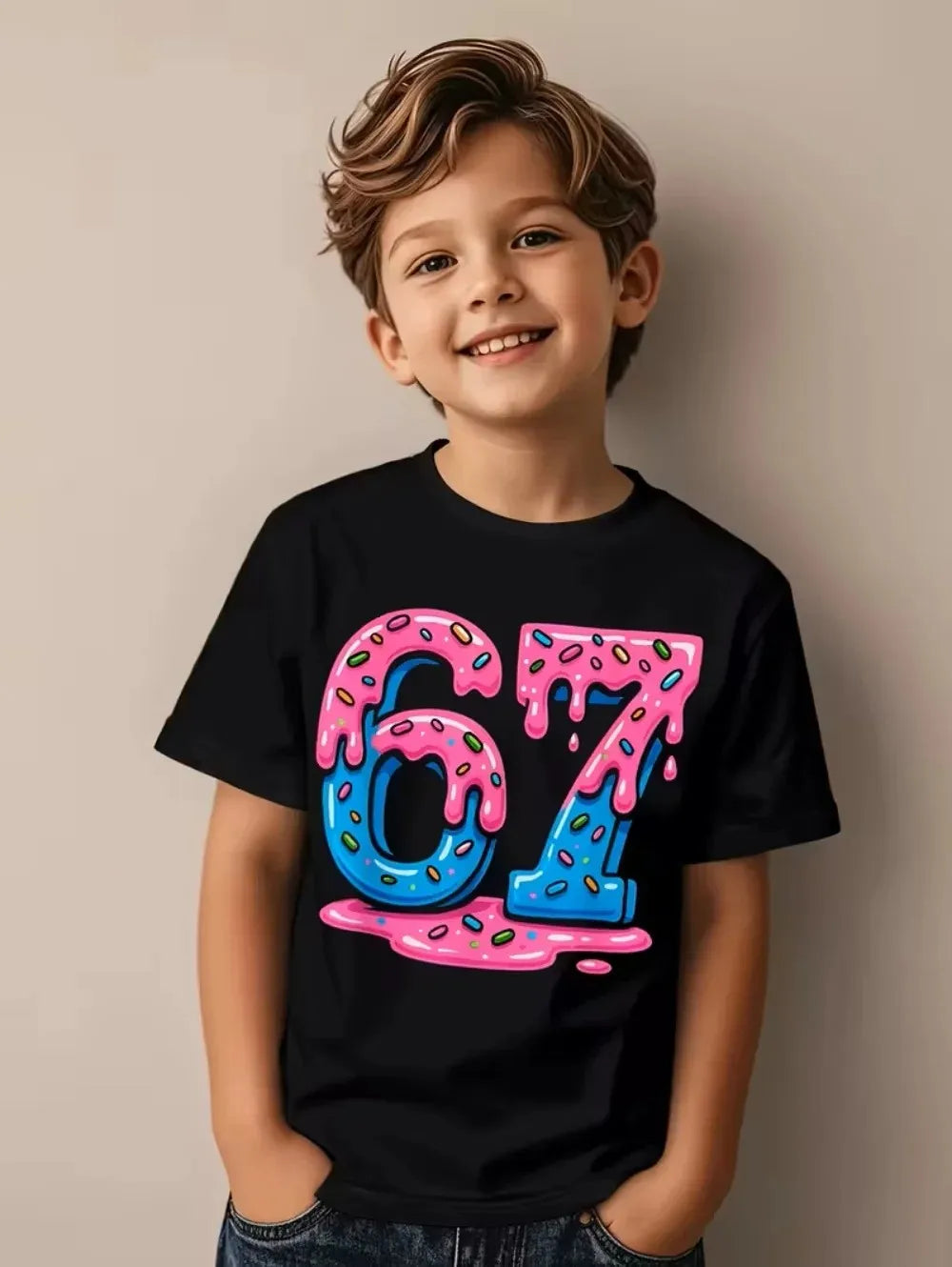 Bonita camiseta de meme para niños y niñas, divertida camiseta Y2K con estampado de seis y siete, cuello redondo y manga corta.