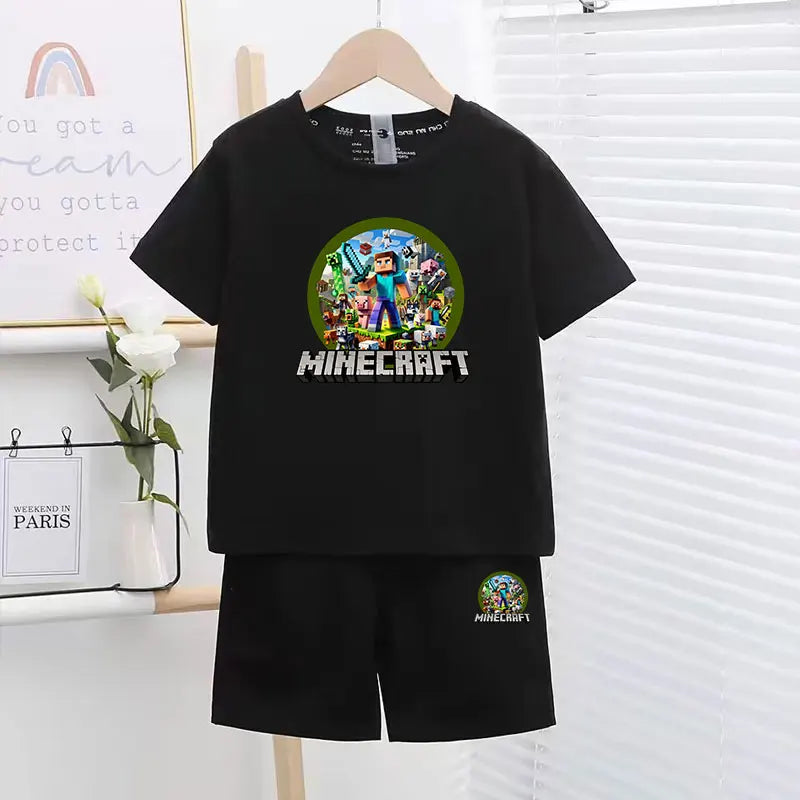 Conjunto de 2 camisetas y pantalones de colores para niños, con diseño de píxeles, ideal para el tiempo libre, ideal como regalo de cumpleaños.