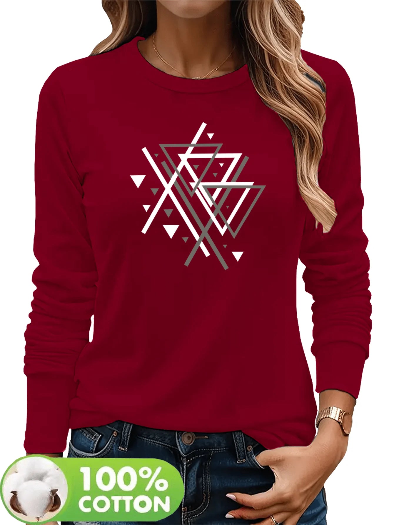 Camiseta informal holgada con estampado de mariposas y cuello redondo para mujer, 100 % algodón, a la moda, para primavera y otoño Long Sleeve T-shirt Base Shirt