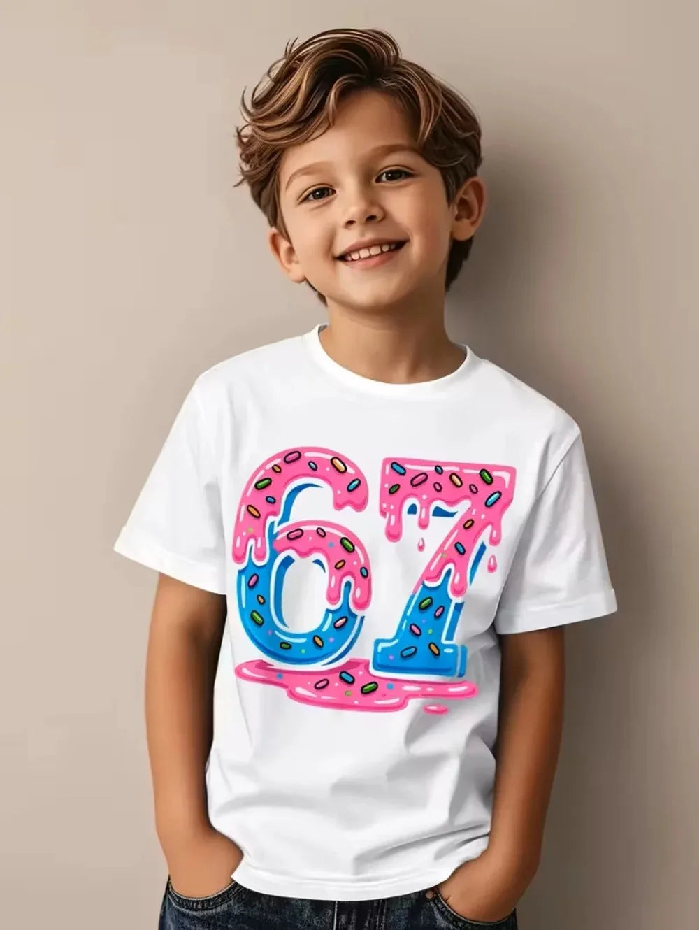 Bonita camiseta de meme para niños y niñas, divertida camiseta Y2K con estampado de seis y siete, cuello redondo y manga corta.