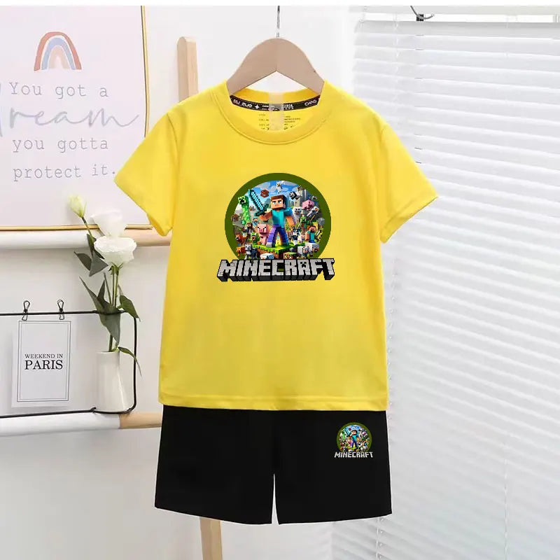 Conjunto de 2 camisetas y pantalones de colores para niños, con diseño de píxeles, ideal para el tiempo libre, ideal como regalo de cumpleaños.