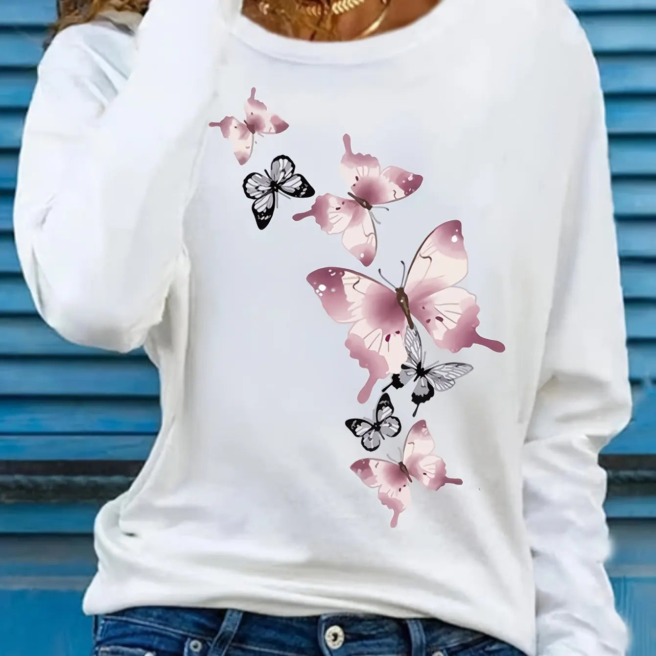 Camiseta informal holgada con estampado de mariposas y cuello redondo para mujer, 100 % algodón, a la moda, para primavera y otoño Long Sleeve T-shirt Base Shirt
