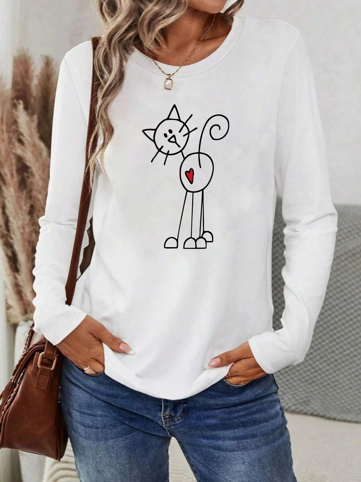 Camiseta informal holgada con estampado de mariposas y cuello redondo para mujer, 100 % algodón, a la moda, para primavera y otoño Long Sleeve T-shirt Base Shirt
