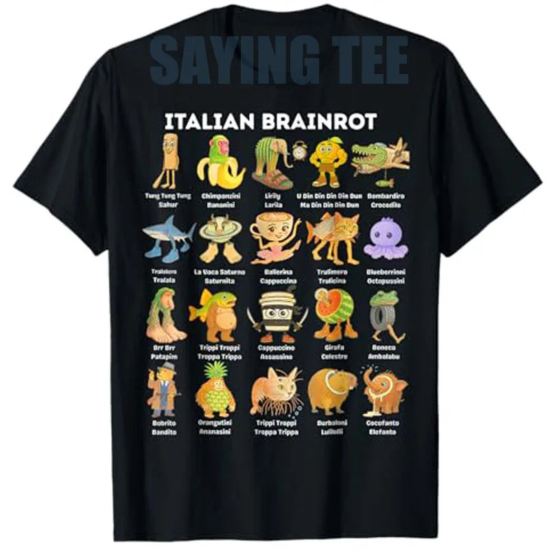 Camiseta divertida con memes de Brainrot italianos, humor sobre animales de Brainrot, dibujos animados de cómics Y2K, camisetas con frases, blusas de manga corta a la moda para niños.