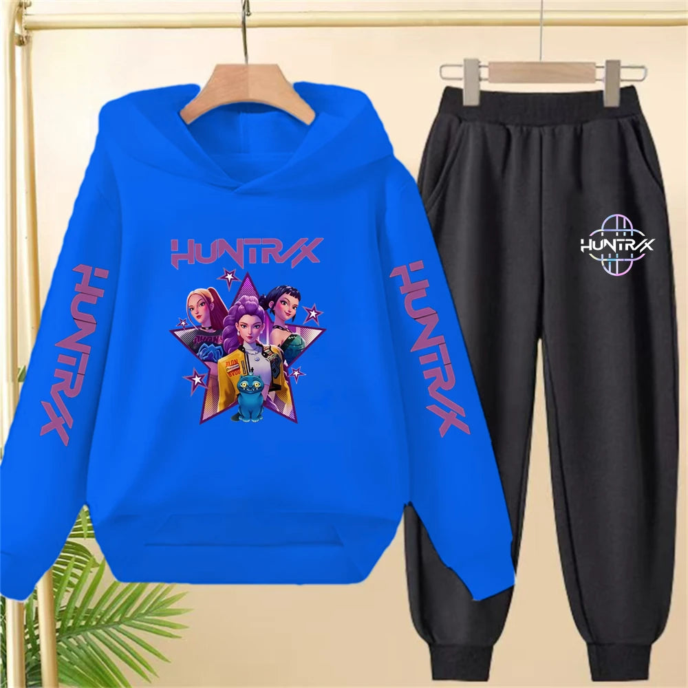Sudadera con capucha negra para niña, abrigo, sudadera KPop Demon Hunters, conjunto deportivo de dos piezas con pantalón y elegante conjunto informal para niña pequeña.