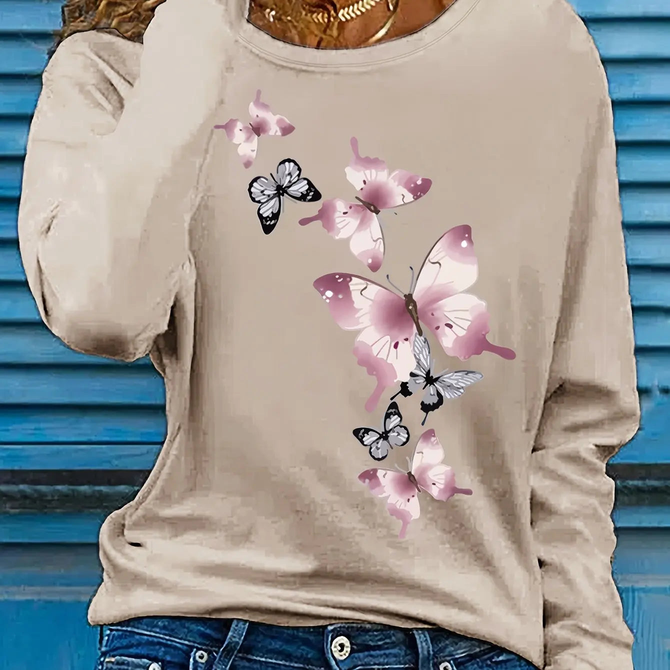 Camiseta informal holgada con estampado de mariposas y cuello redondo para mujer, 100 % algodón, a la moda, para primavera y otoño Long Sleeve T-shirt Base Shirt
