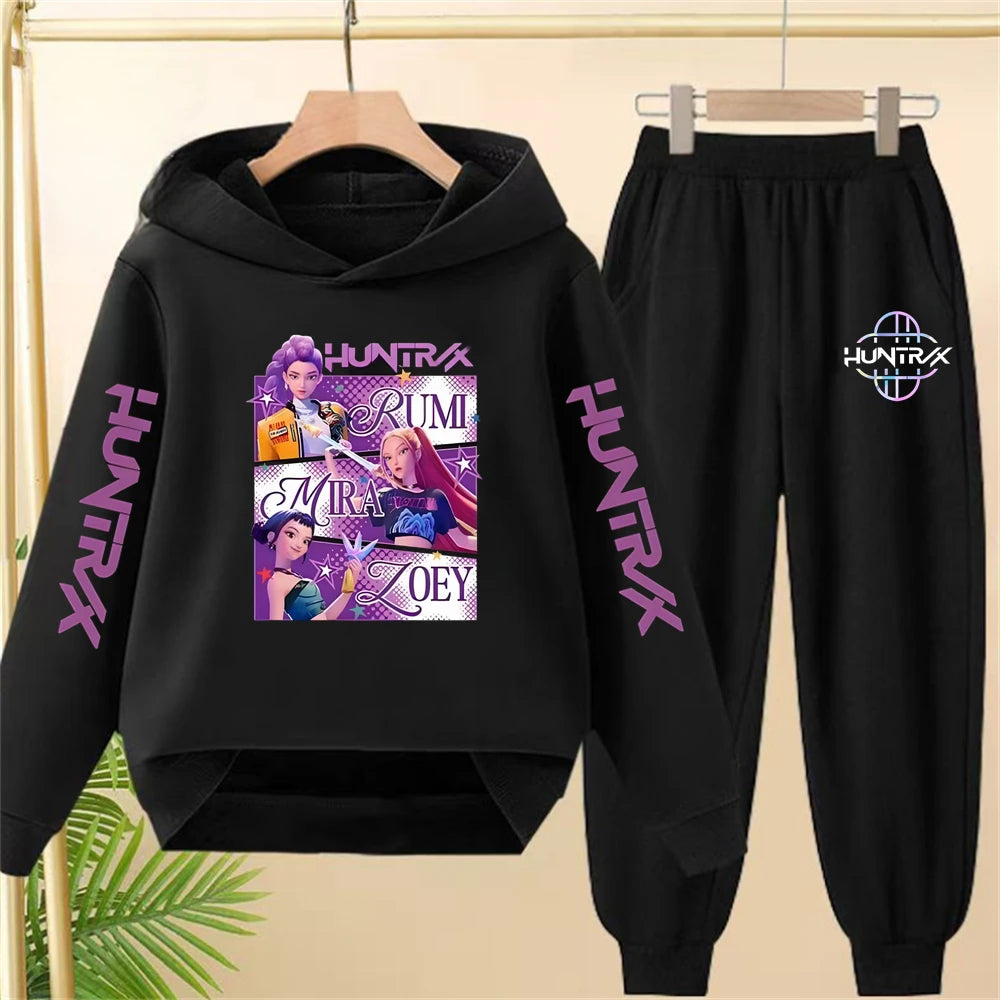 Sudadera con capucha negra para niña, abrigo, sudadera KPop Demon Hunters, conjunto deportivo de dos piezas con pantalón y elegante conjunto informal para niña pequeña.