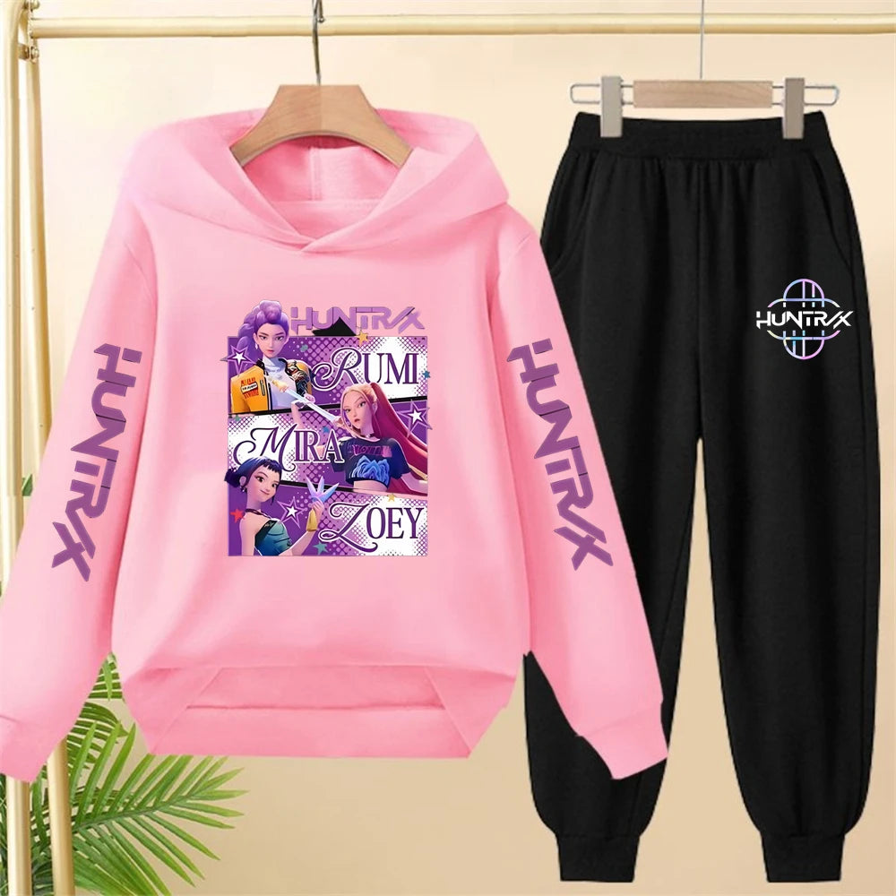 Sudadera con capucha negra para niña, abrigo, sudadera KPop Demon Hunters, conjunto deportivo de dos piezas con pantalón y elegante conjunto informal para niña pequeña.