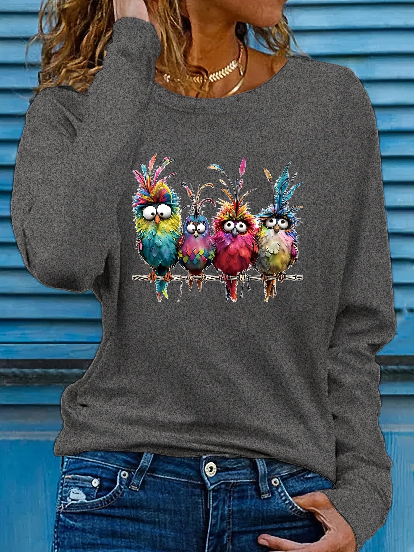 Camiseta informal holgada con estampado de mariposas y cuello redondo para mujer, 100 % algodón, a la moda, para primavera y otoño Long Sleeve T-shirt Base Shirt