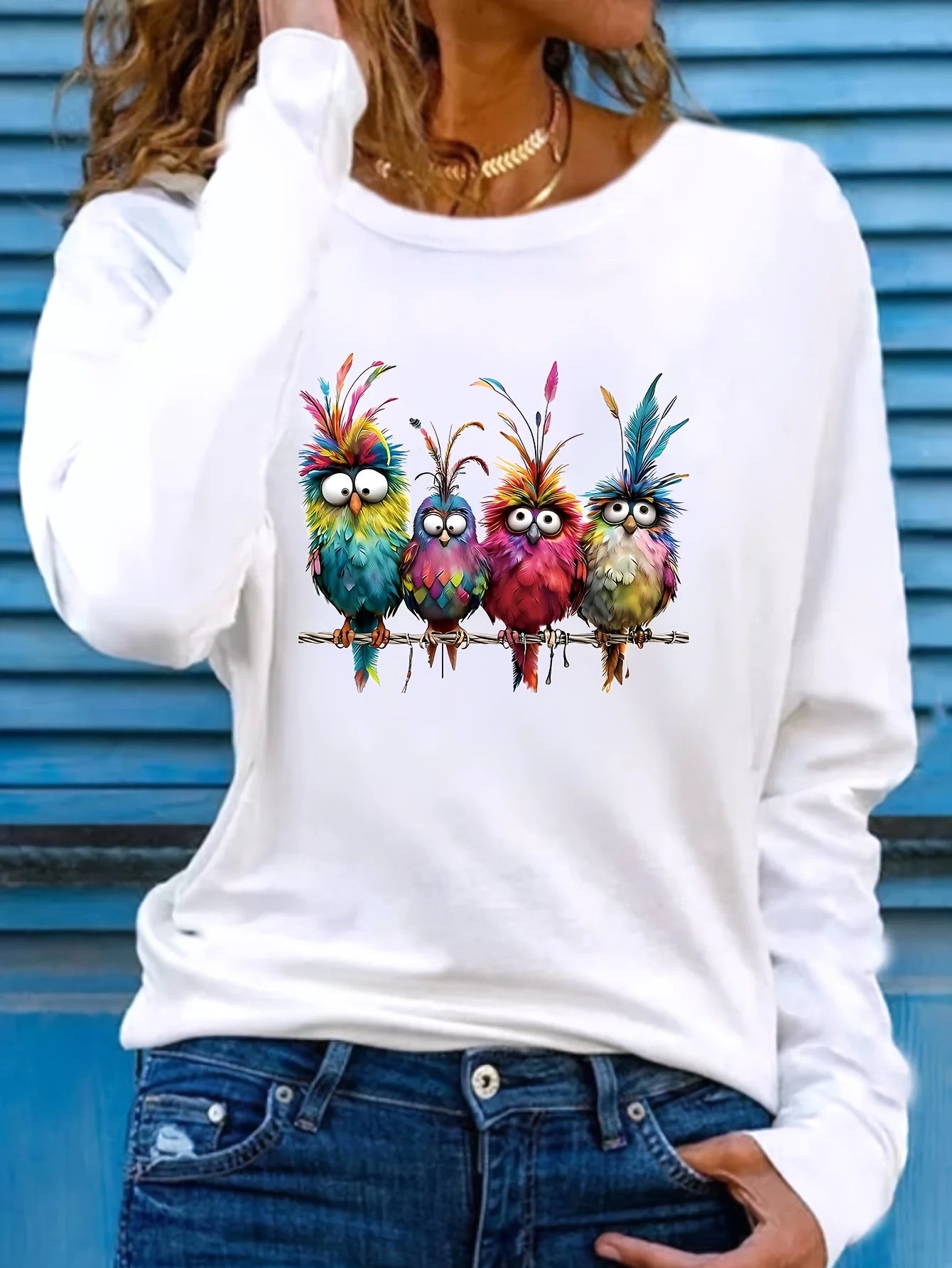 Camiseta informal holgada con estampado de mariposas y cuello redondo para mujer, 100 % algodón, a la moda, para primavera y otoño Long Sleeve T-shirt Base Shirt