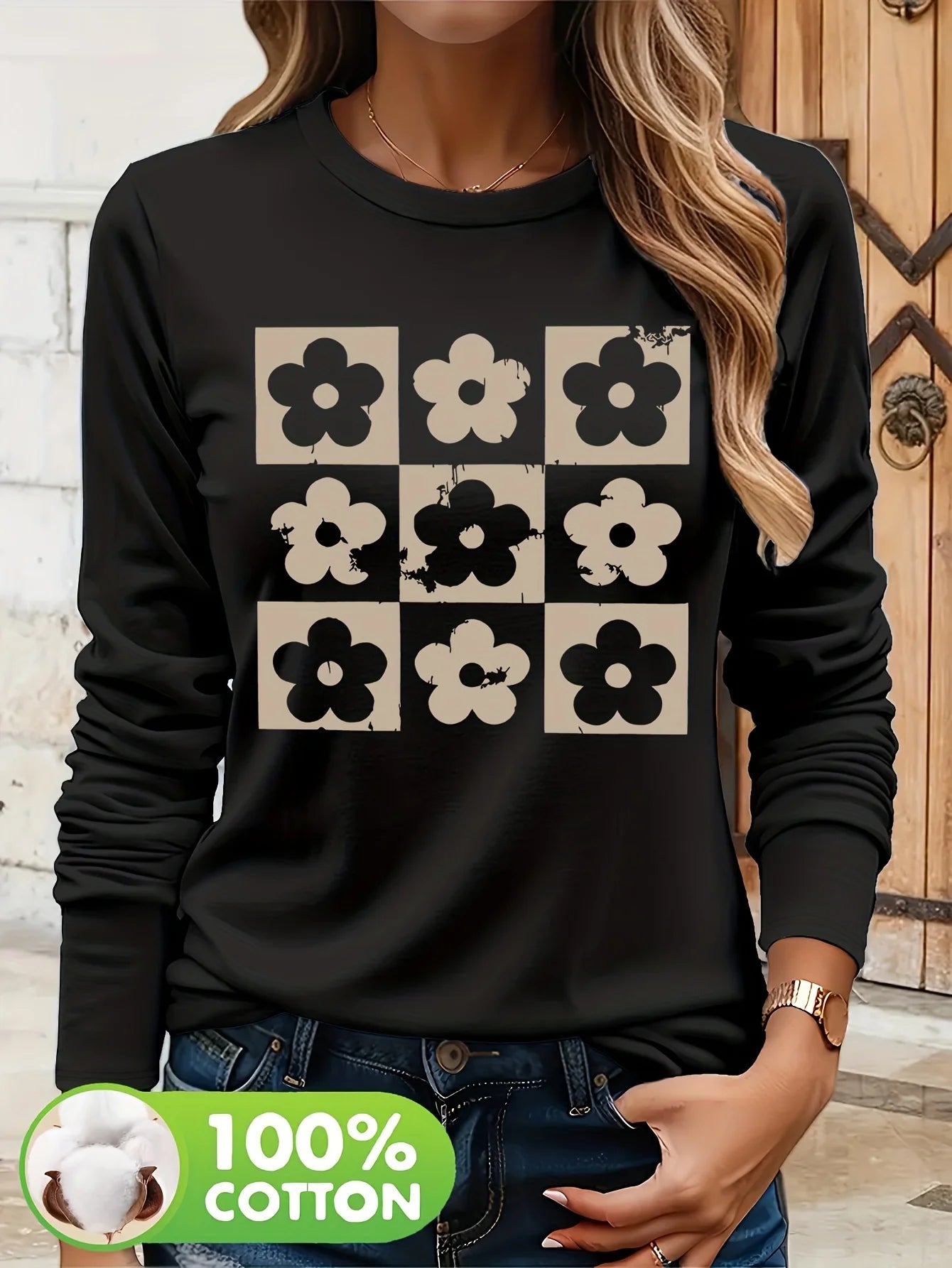 Camiseta informal holgada con estampado de mariposas y cuello redondo para mujer, 100 % algodón, a la moda, para primavera y otoño Long Sleeve T-shirt Base Shirt