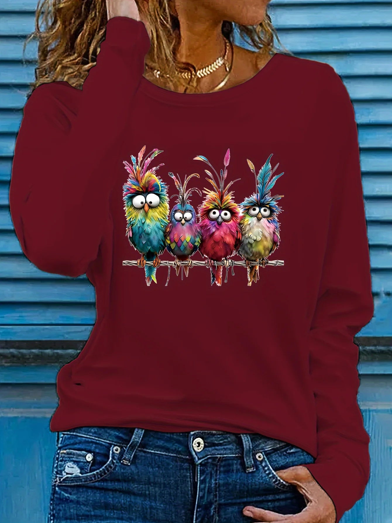 Camiseta informal holgada con estampado de mariposas y cuello redondo para mujer, 100 % algodón, a la moda, para primavera y otoño Long Sleeve T-shirt Base Shirt