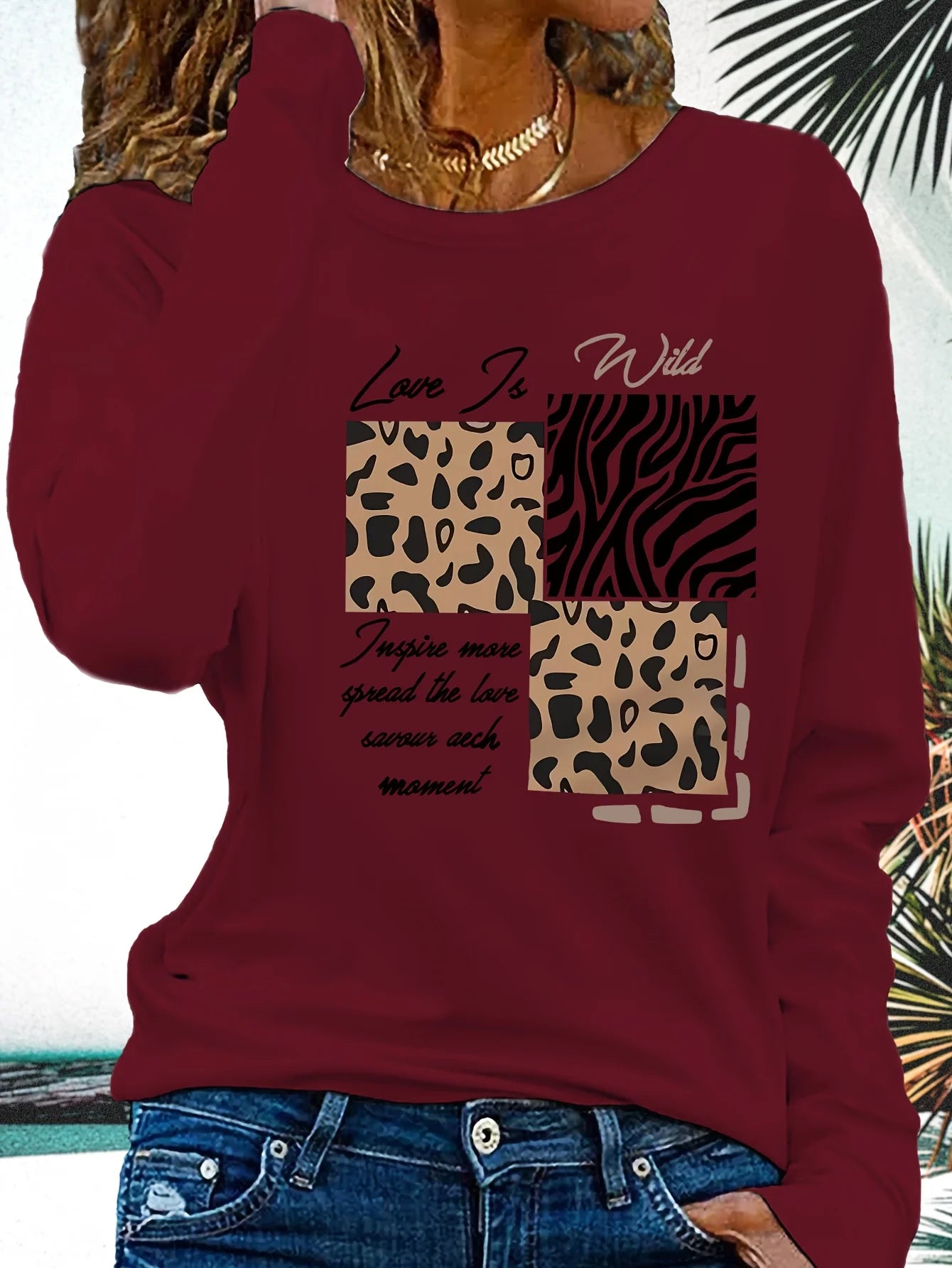 Camiseta informal holgada con estampado de mariposas y cuello redondo para mujer, 100 % algodón, a la moda, para primavera y otoño Long Sleeve T-shirt Base Shirt