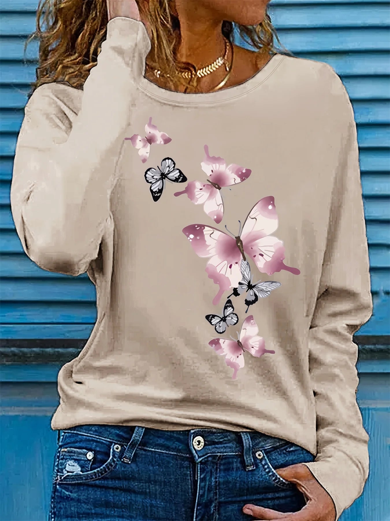 Camiseta informal holgada con estampado de mariposas y cuello redondo para mujer, 100 % algodón, a la moda, para primavera y otoño Long Sleeve T-shirt Base Shirt