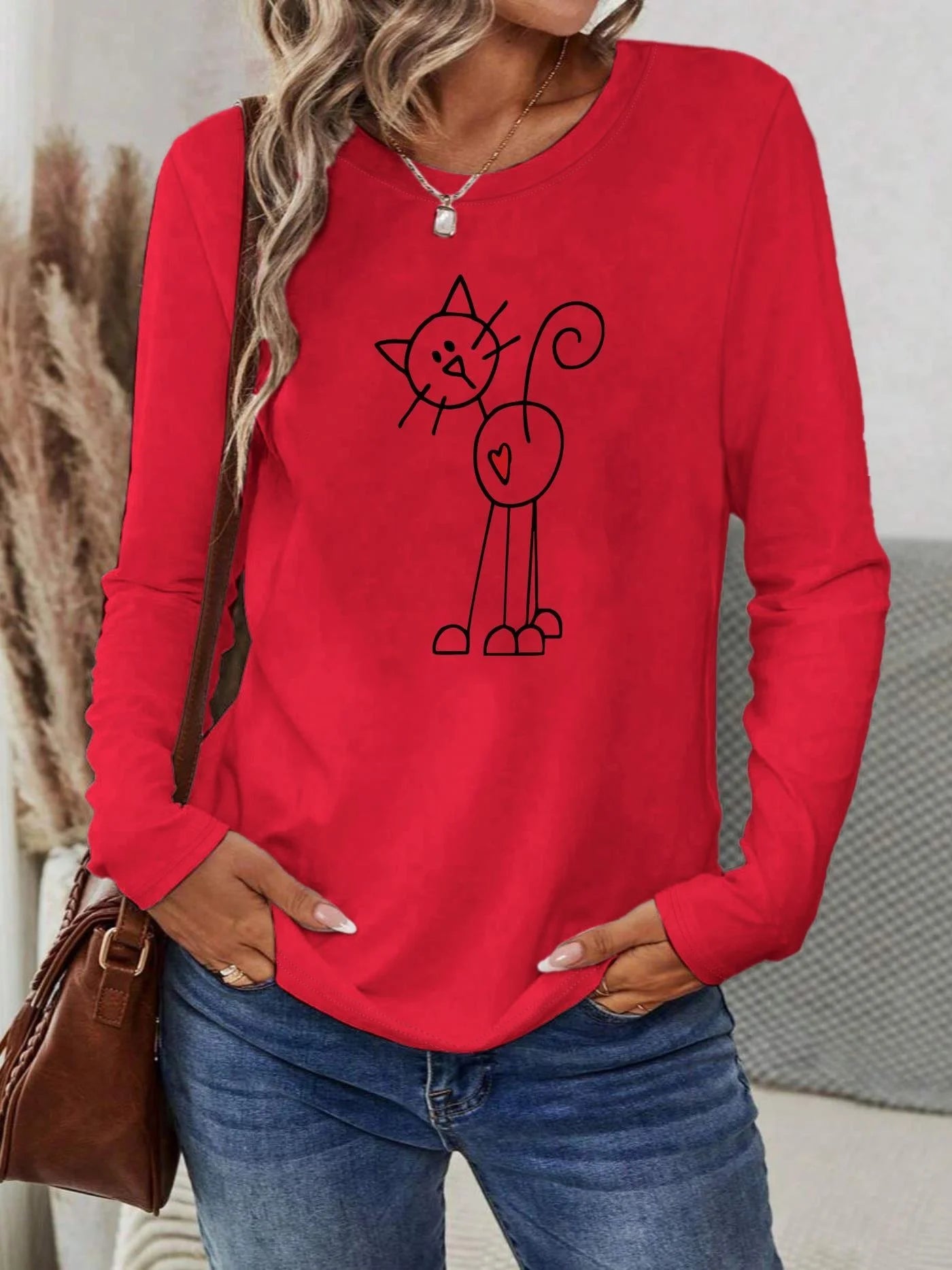 Camiseta informal holgada con estampado de mariposas y cuello redondo para mujer, 100 % algodón, a la moda, para primavera y otoño Long Sleeve T-shirt Base Shirt