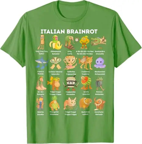 Camiseta divertida con memes de Brainrot italianos, humor sobre animales de Brainrot, dibujos animados de cómics Y2K, camisetas con frases, blusas de manga corta a la moda para niños.