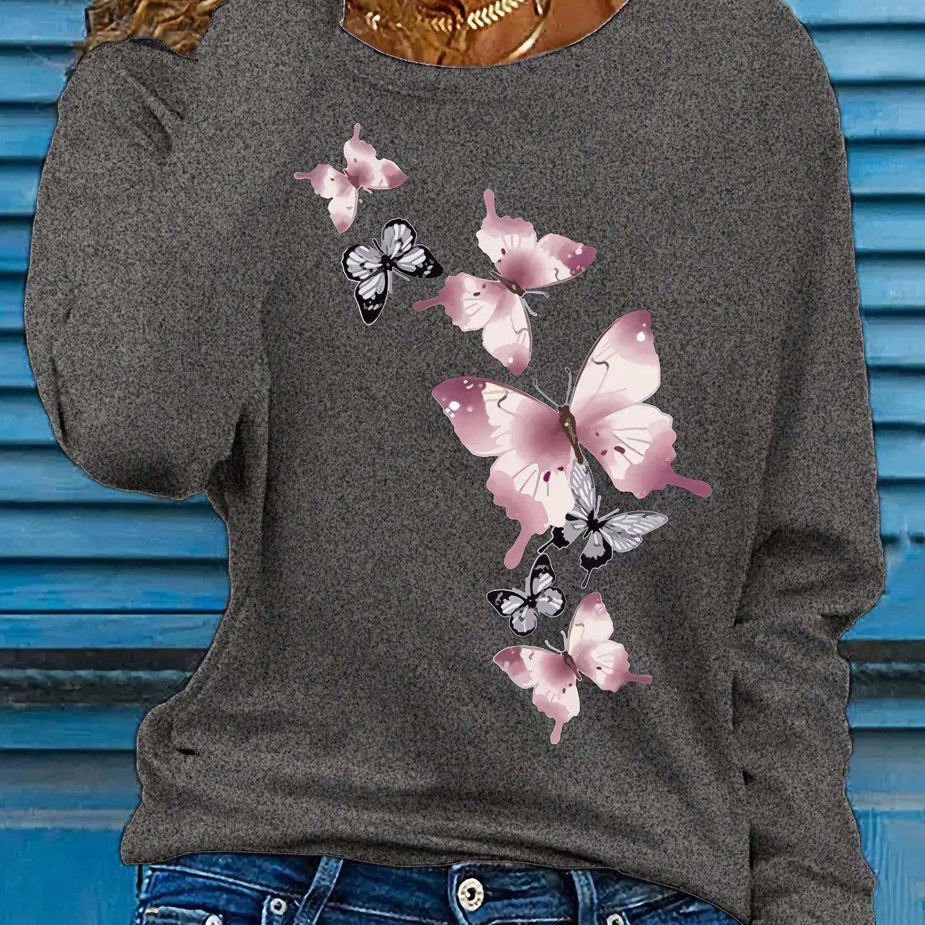 Camiseta informal holgada con estampado de mariposas y cuello redondo para mujer, 100 % algodón, a la moda, para primavera y otoño Long Sleeve T-shirt Base Shirt