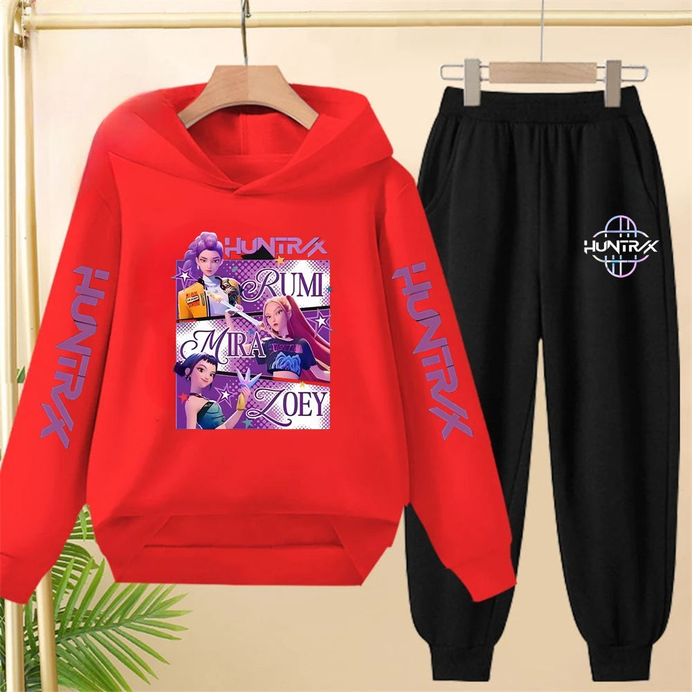 Sudadera con capucha negra para niña, abrigo, sudadera KPop Demon Hunters, conjunto deportivo de dos piezas con pantalón y elegante conjunto informal para niña pequeña.