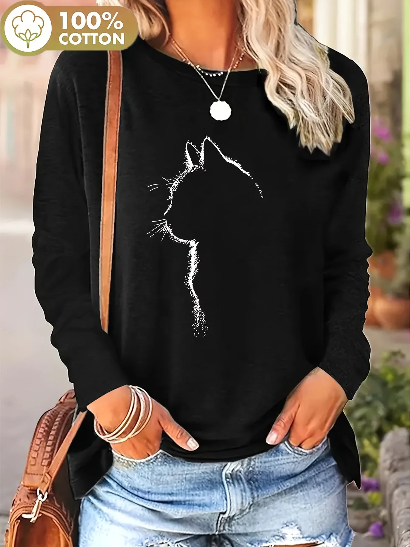 Camiseta informal holgada con estampado de mariposas y cuello redondo para mujer, 100 % algodón, a la moda, para primavera y otoño Long Sleeve T-shirt Base Shirt